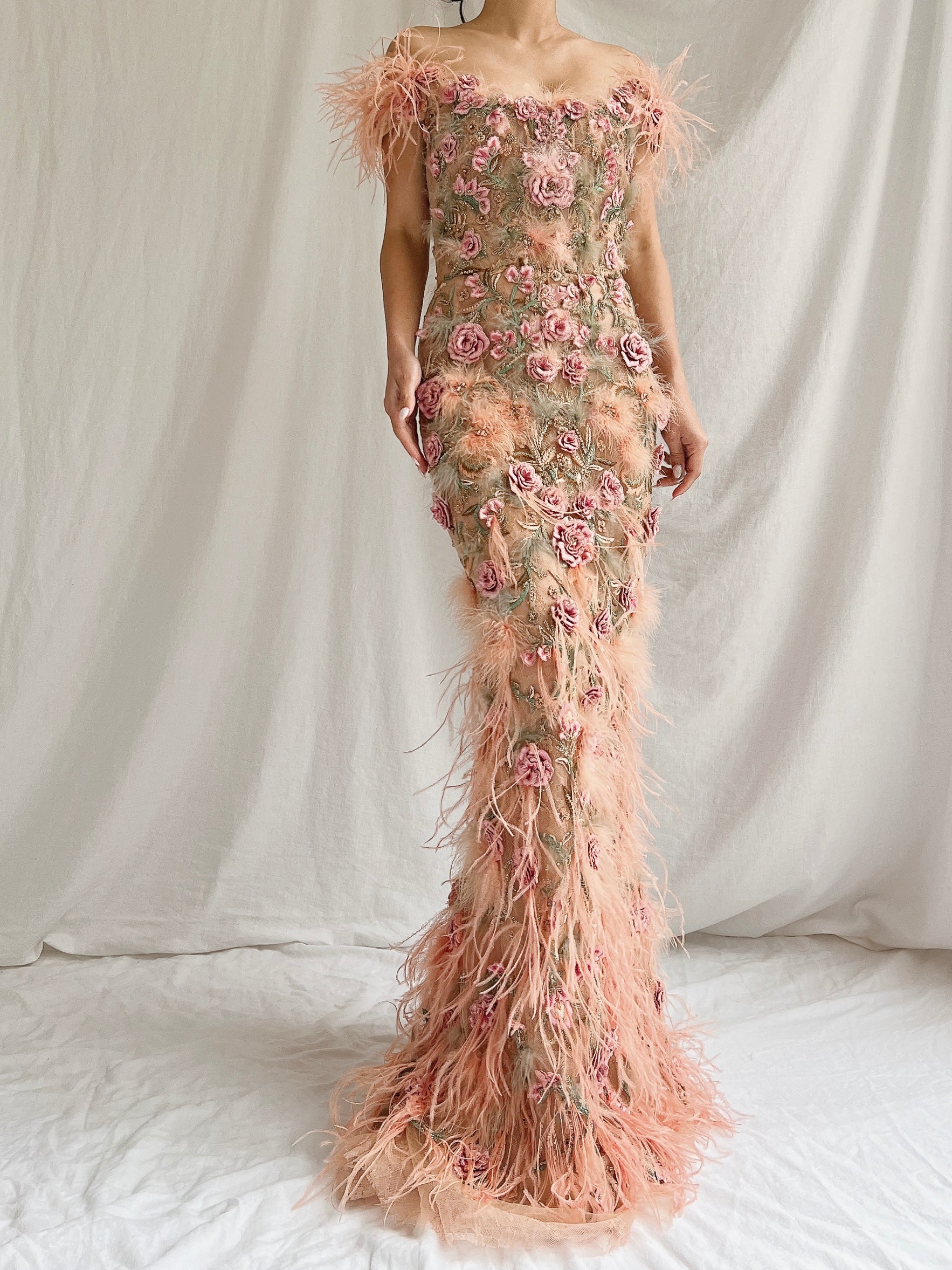 Marchesa Peach Feather 3D Embellished Gown - XS