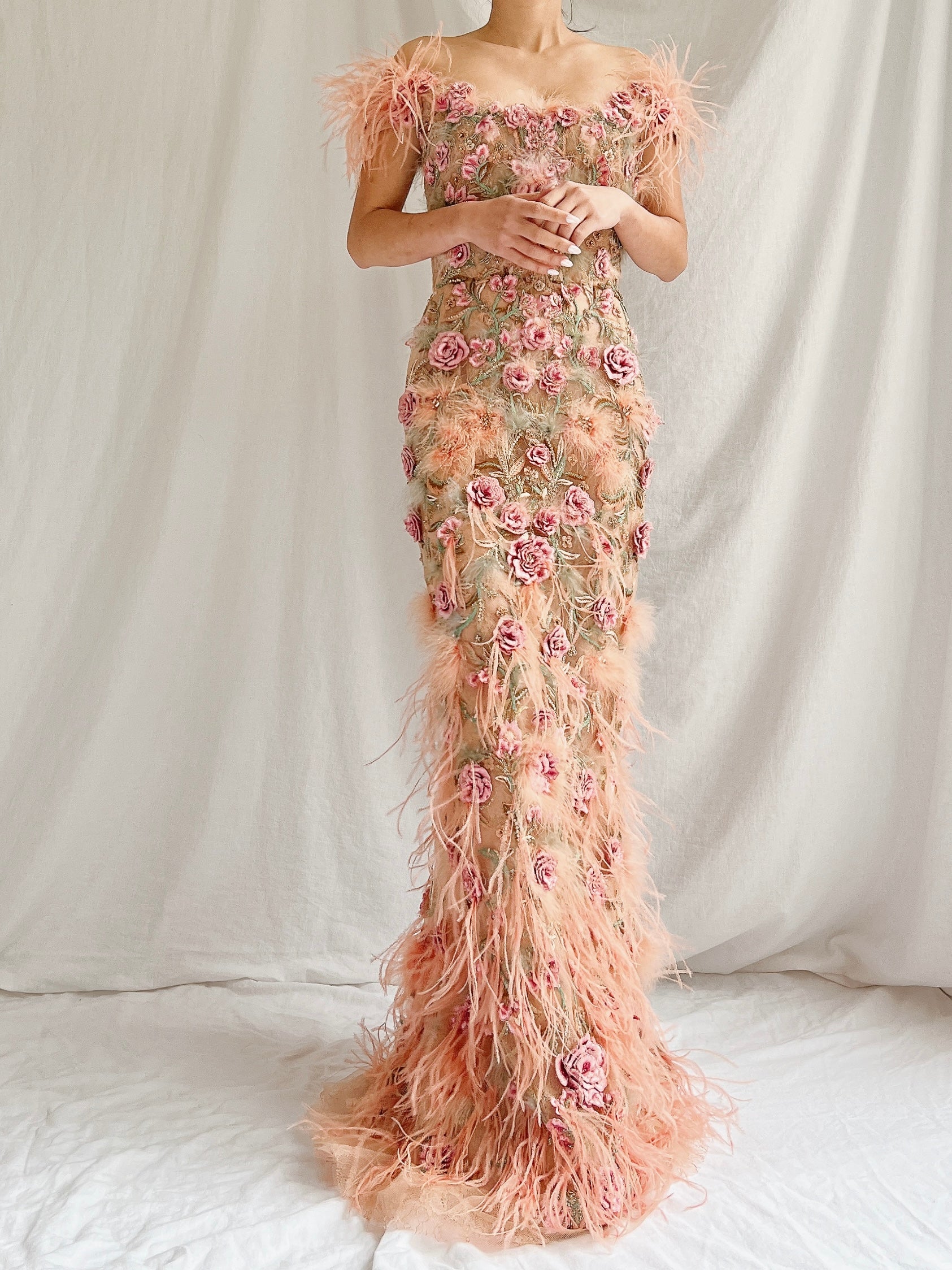Marchesa Peach Feather 3D Embellished Gown - XS