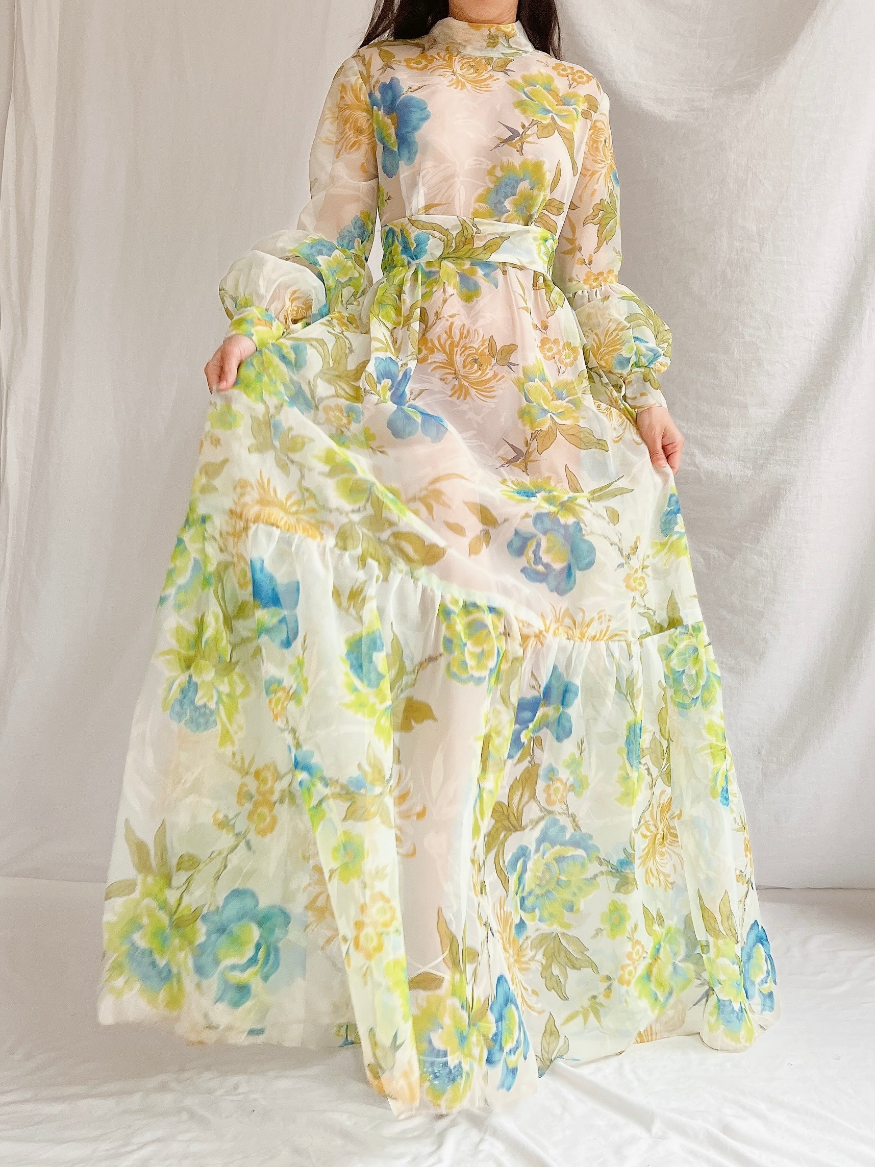 1970s Sheer Voile Puff Sleeves Gown - M