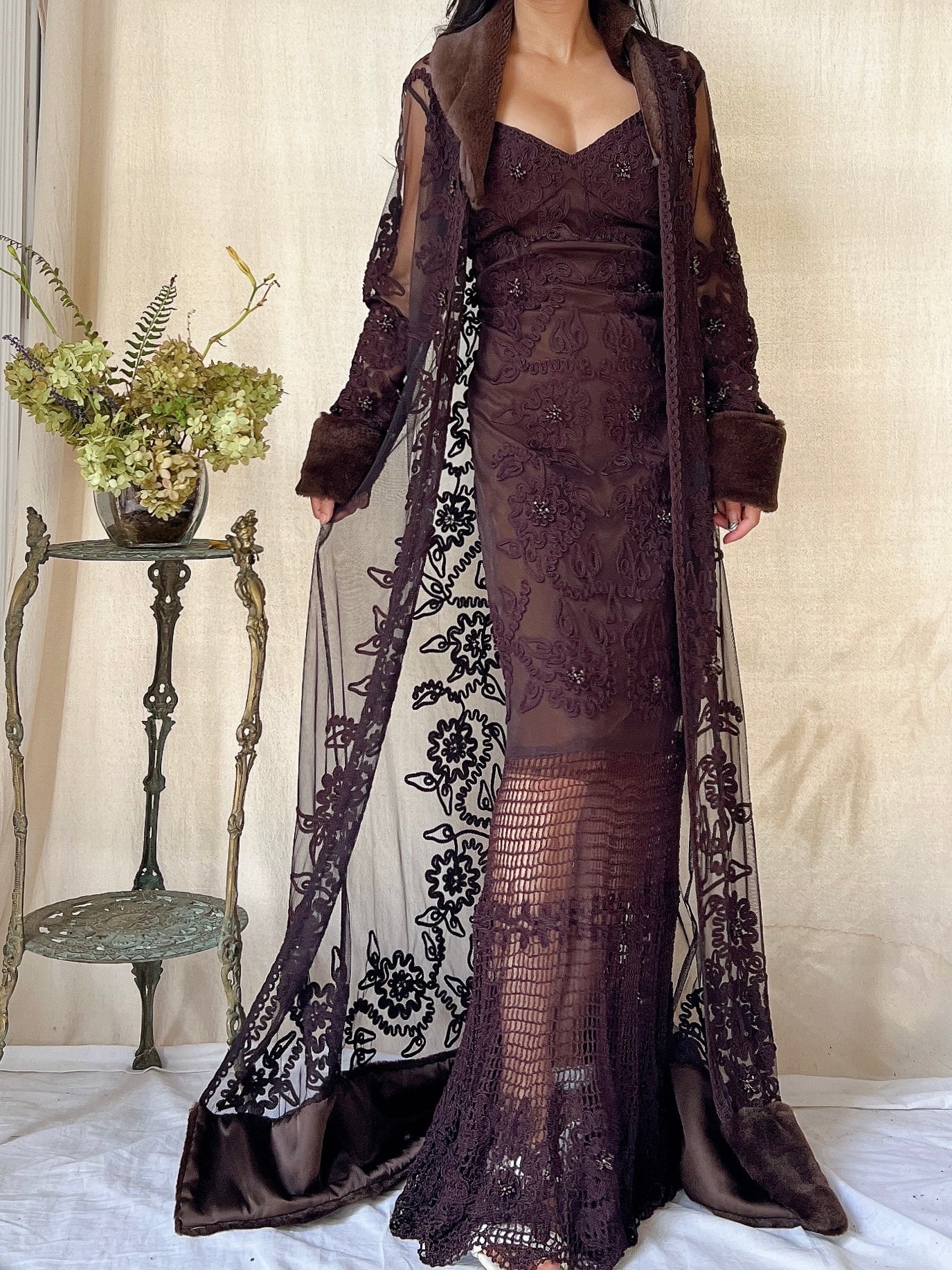 Vintage 2-Piece Chocolate Crochet Set - M