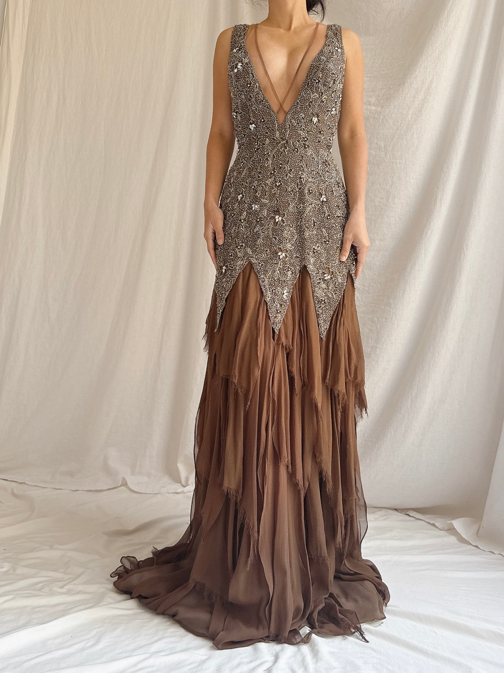 Vintage Stephen Yearrick Silk Raw Hem Beaded Gown - M/6