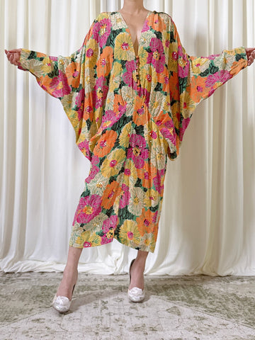 1980s Silk Floral Dress - M