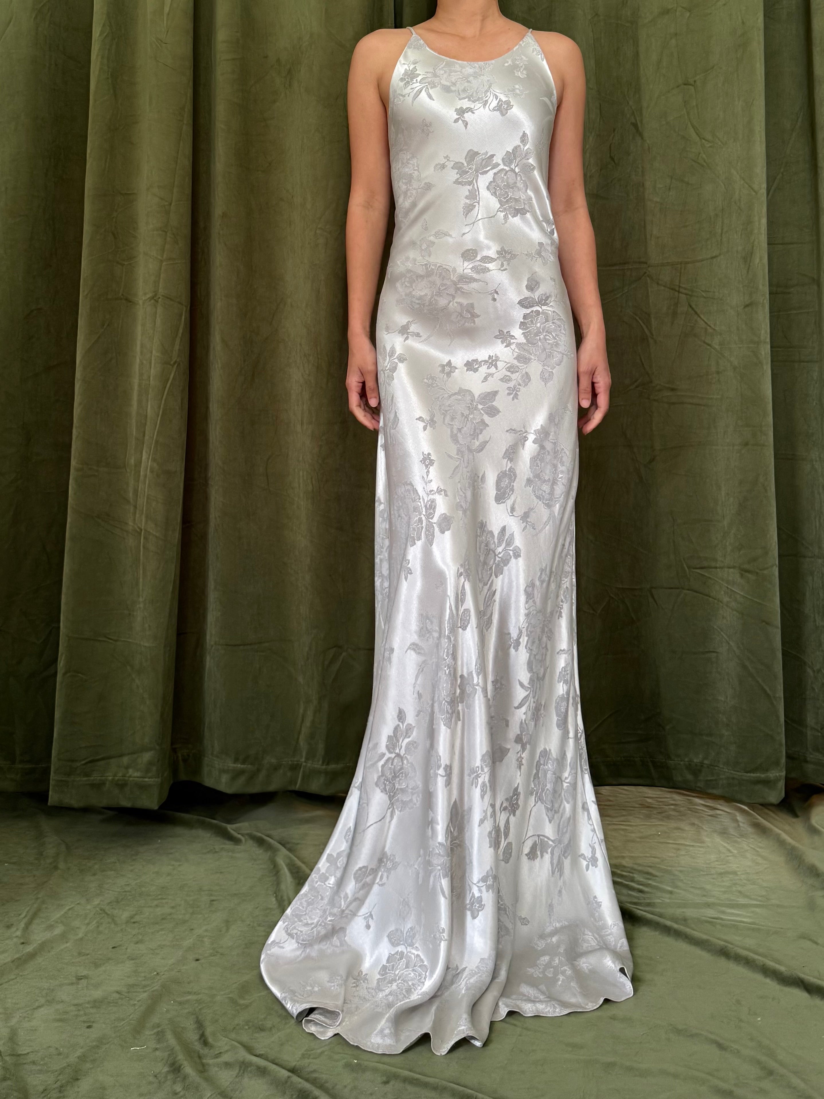 1990s Gray Satin Brocade Slip Gown - M