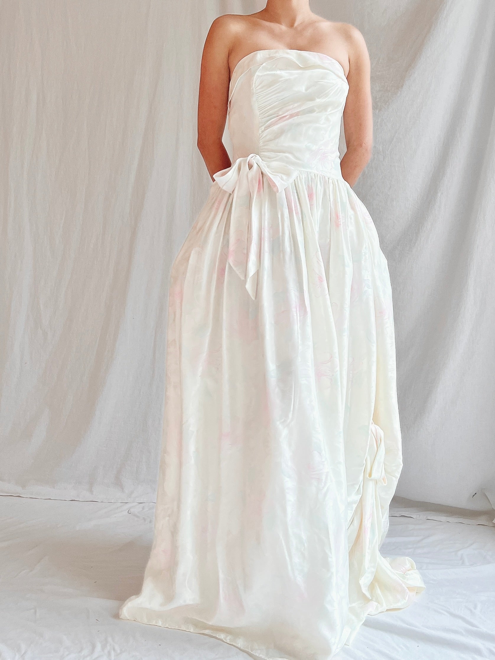 Vintage Strapless Satin Floral Gown - XS