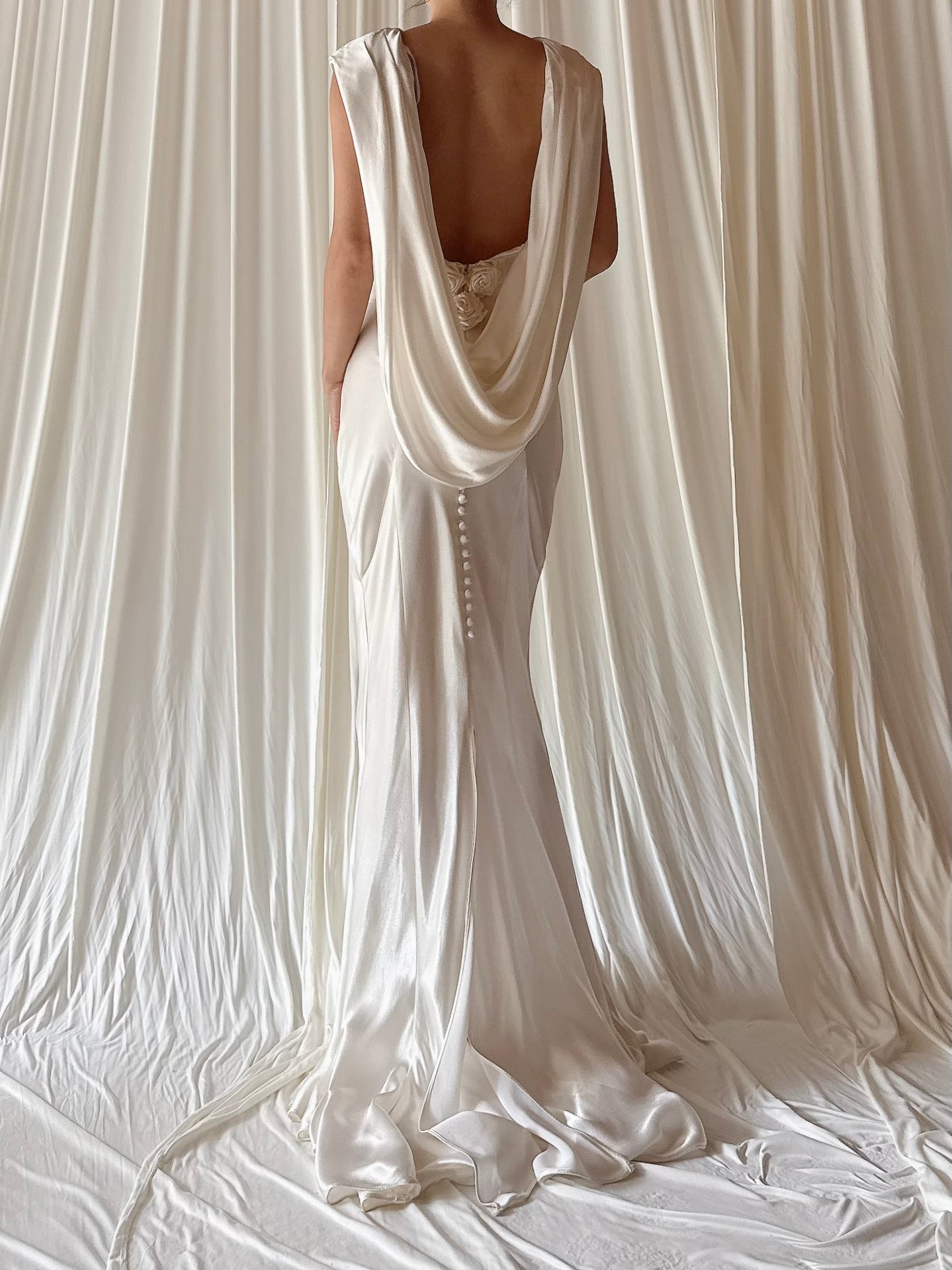 1990s Satin Bias Low Cut Back Gown - Size 6-8