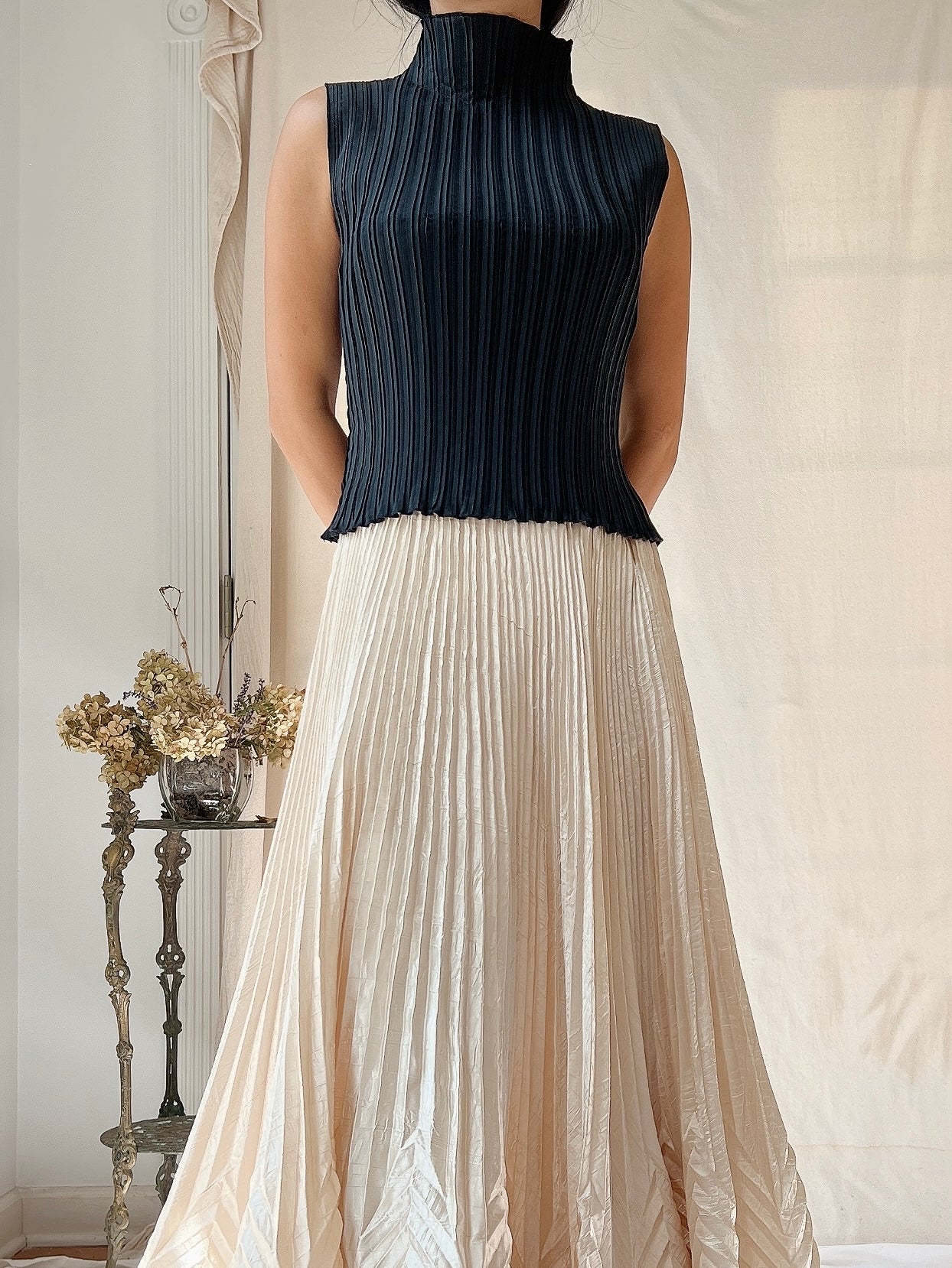 Vintage Micro-Pleated Mock Neck Top - S-M