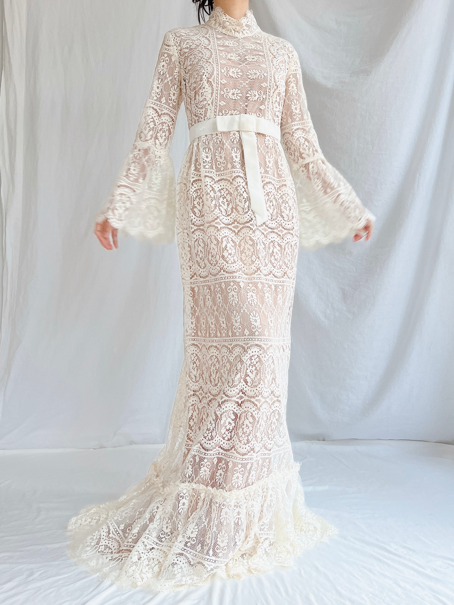 1970s Sheer Filet Lace Gown - M