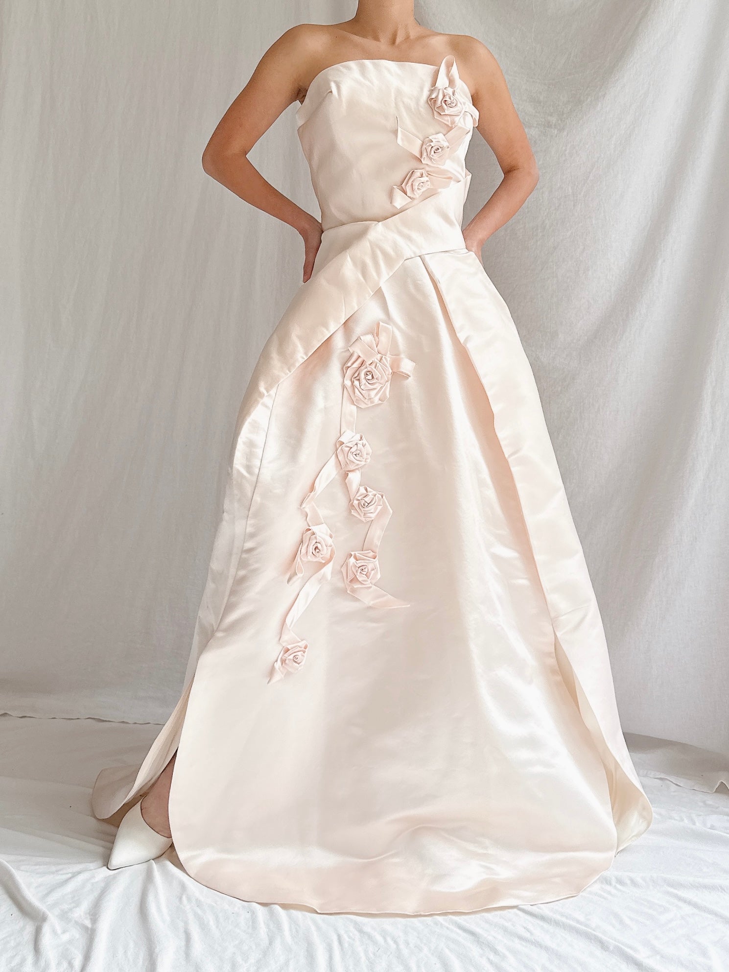 Vintage Shell Pink Silk Duchesse Satin Strapless Gown - S/4/6