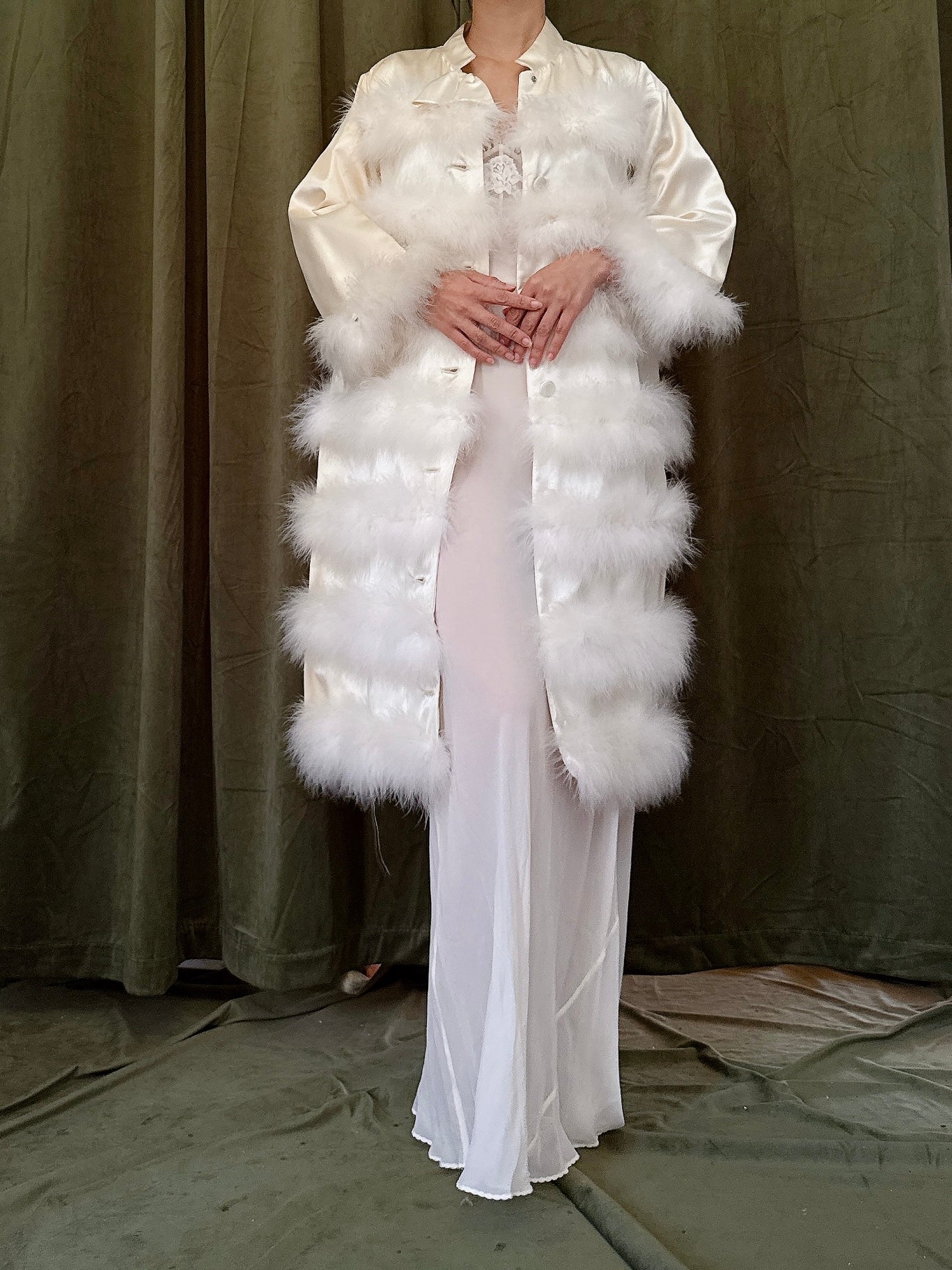 Vintage Satin Marabou Duster - M