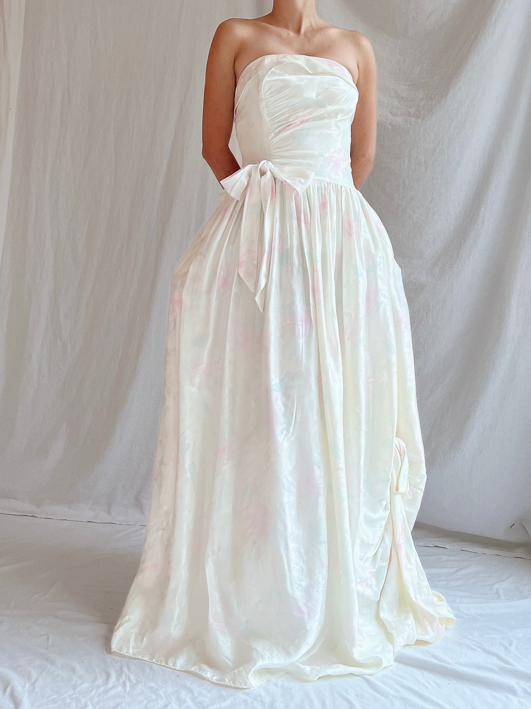 Vintage Strapless Satin Floral Gown - XS