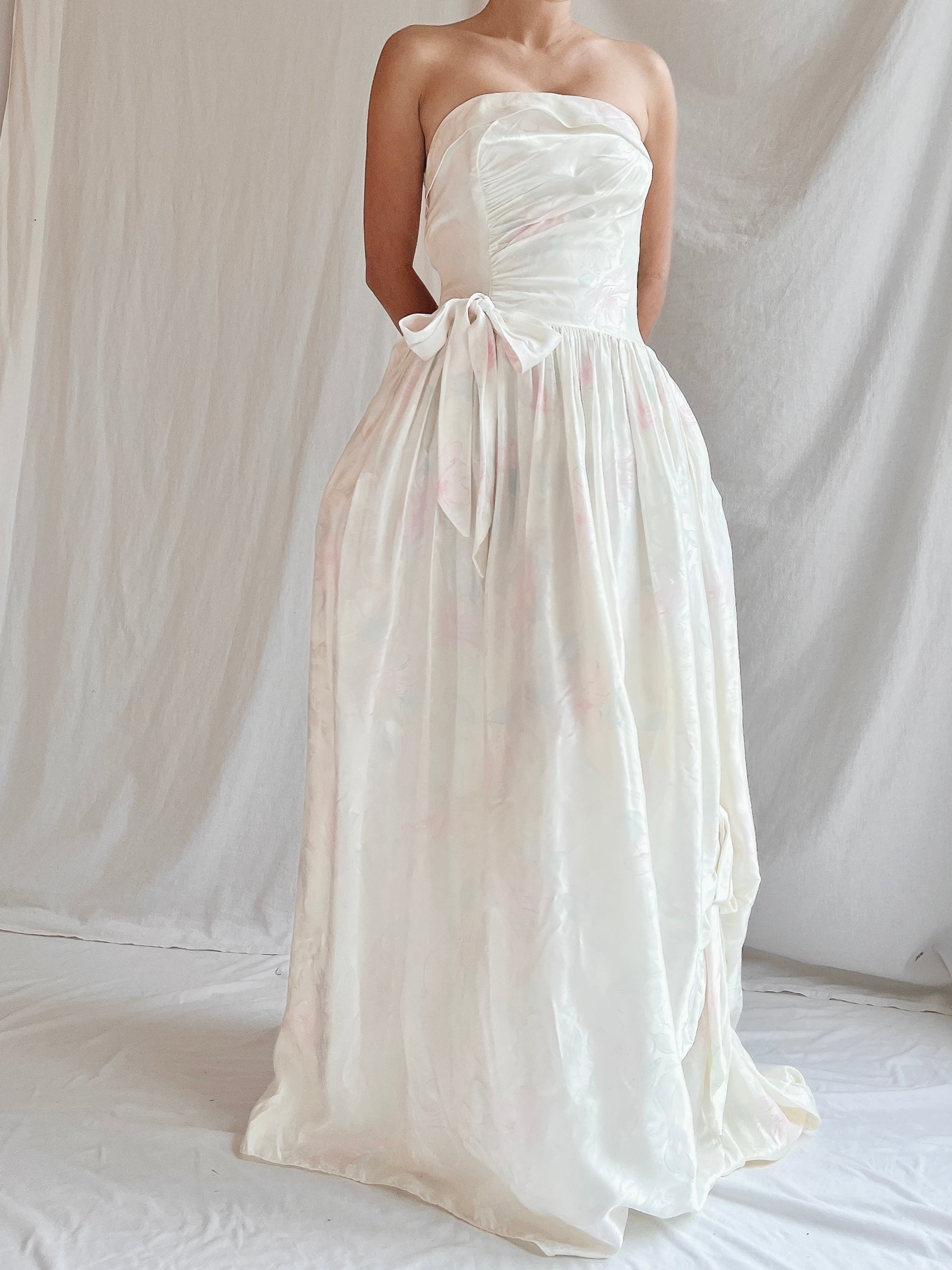 Vintage Strapless Satin Floral Gown - XS