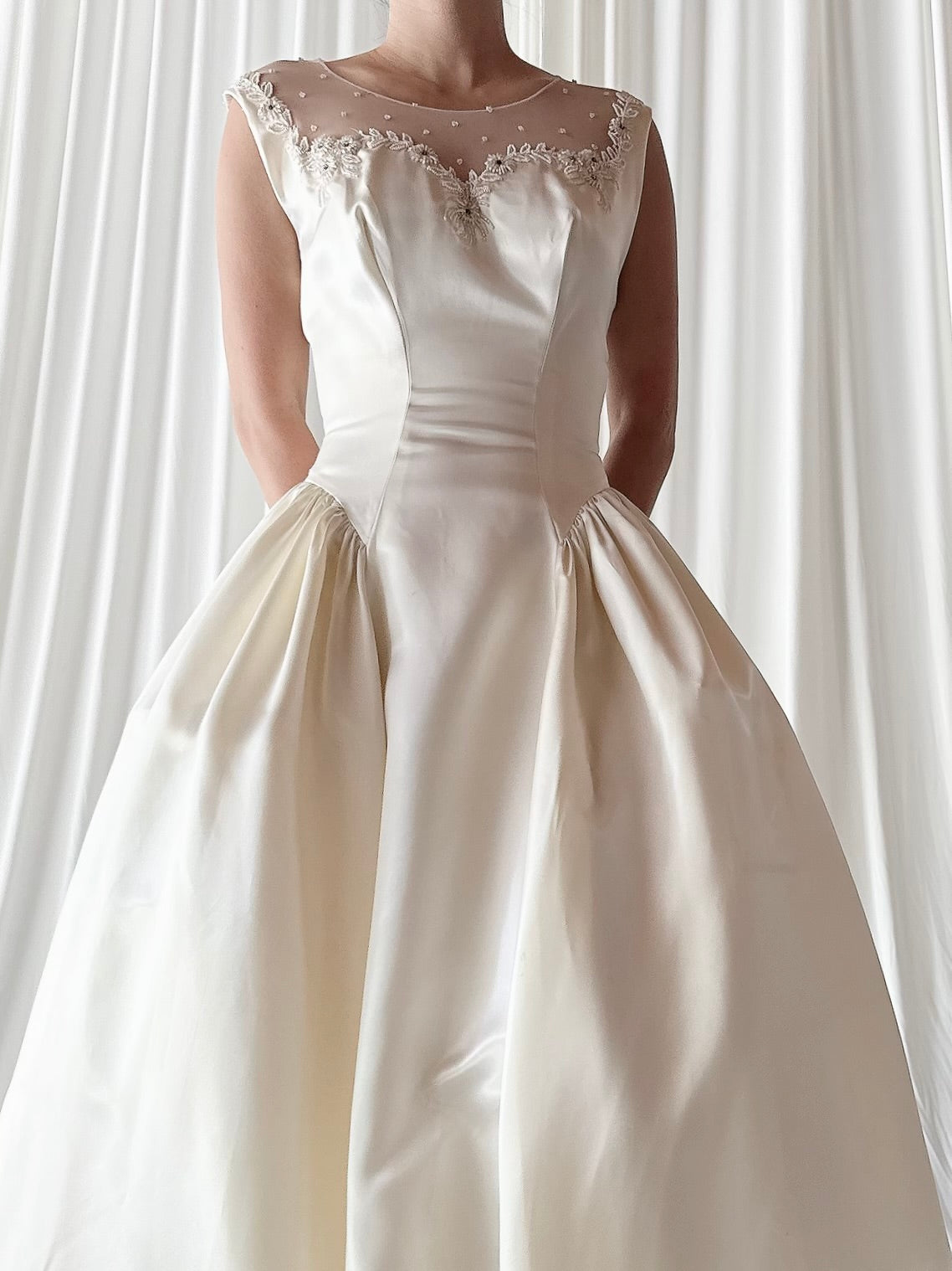 1940s Candlelight Satin Illusion Beaded Gown - S/6