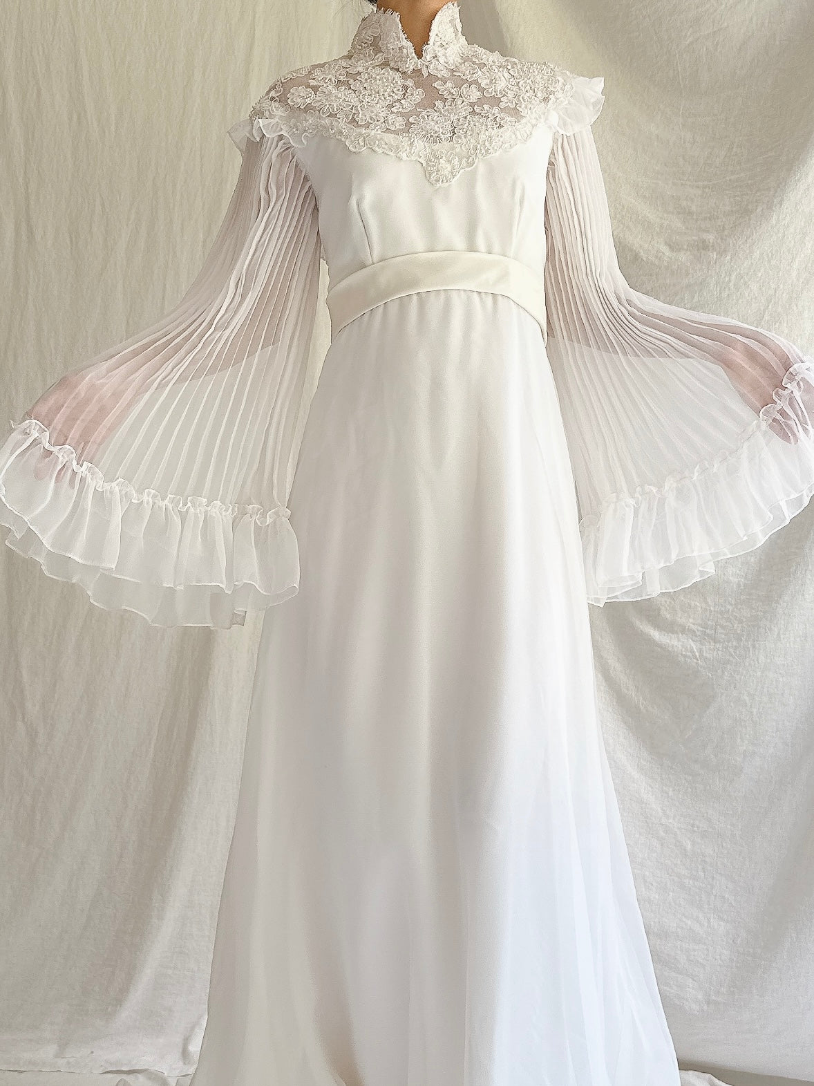 1970s Pleated Sleeves Chiffon Dress - S
