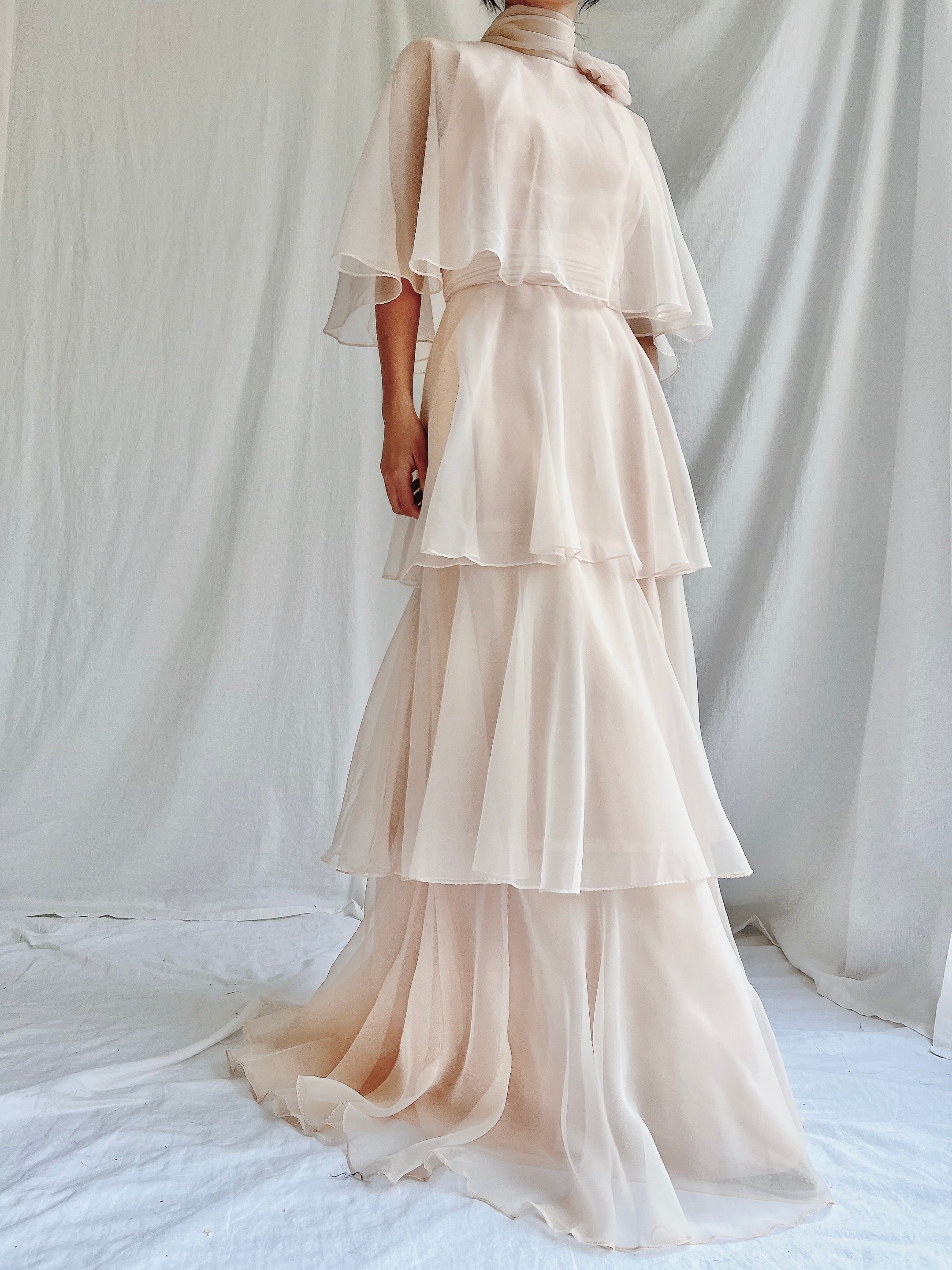 Vintage Almond Tiered Chiffon Dress - S/4