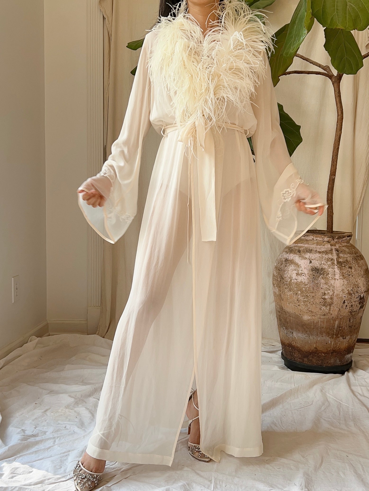 Vintage Silk Chiffon Feather Robe - S-M