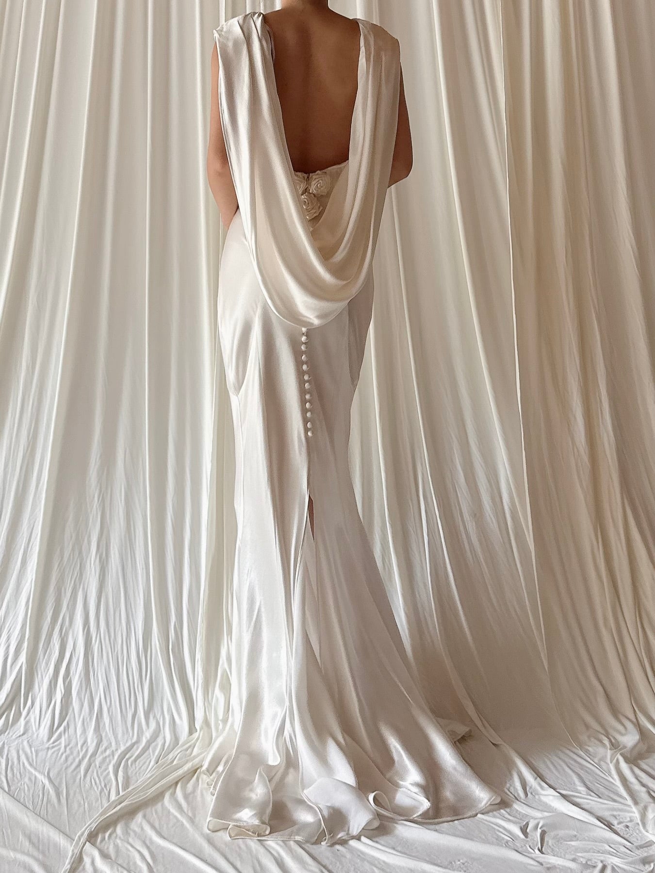 1990s Satin Bias Low Cut Back Gown - Size 6-8