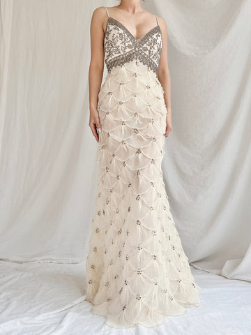 Vintage Pleated Petal Beaded Bodice Dress - S (US 4/6)
