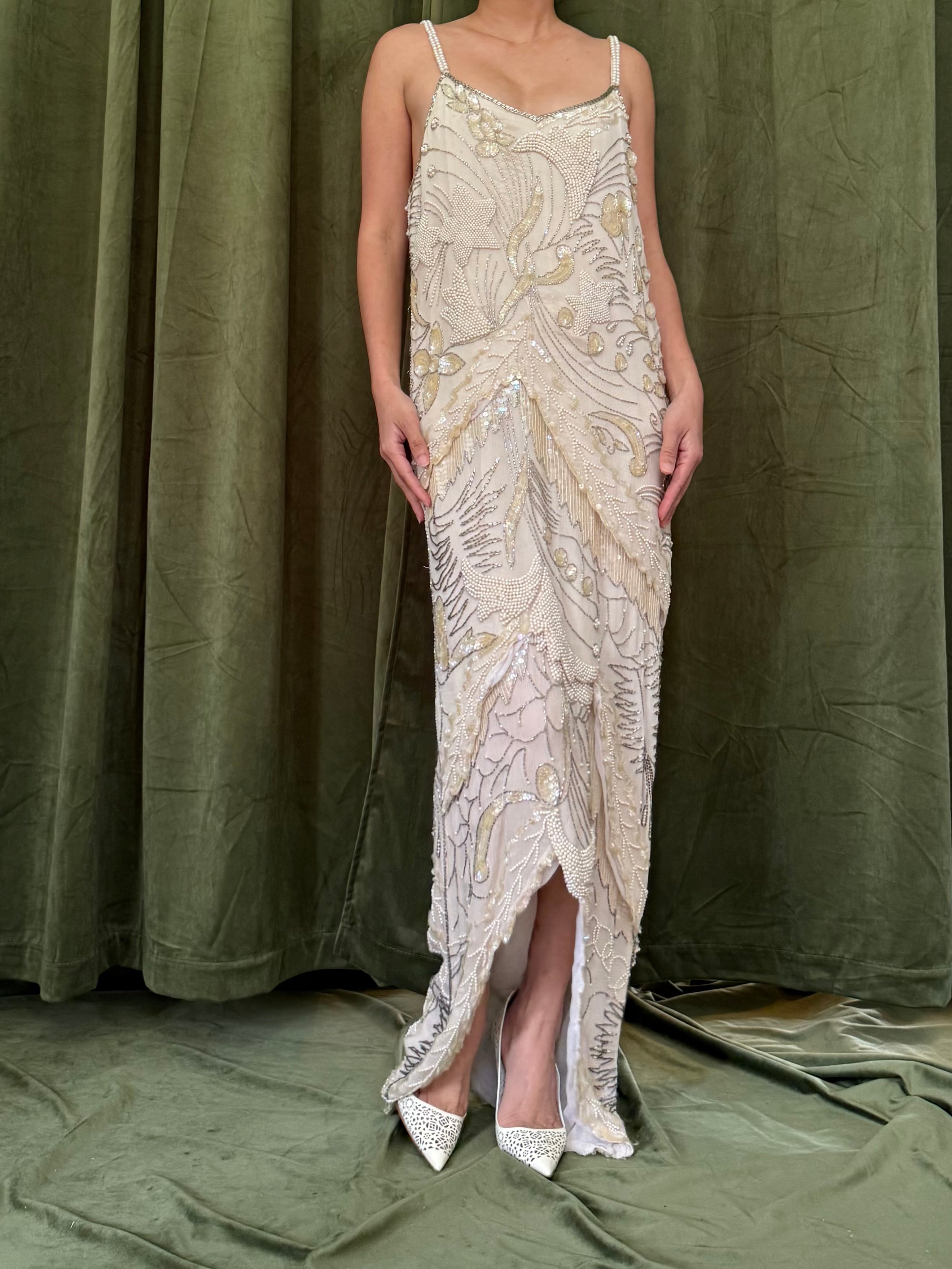 Vintage Silk Chiffon Beaded Gown - M