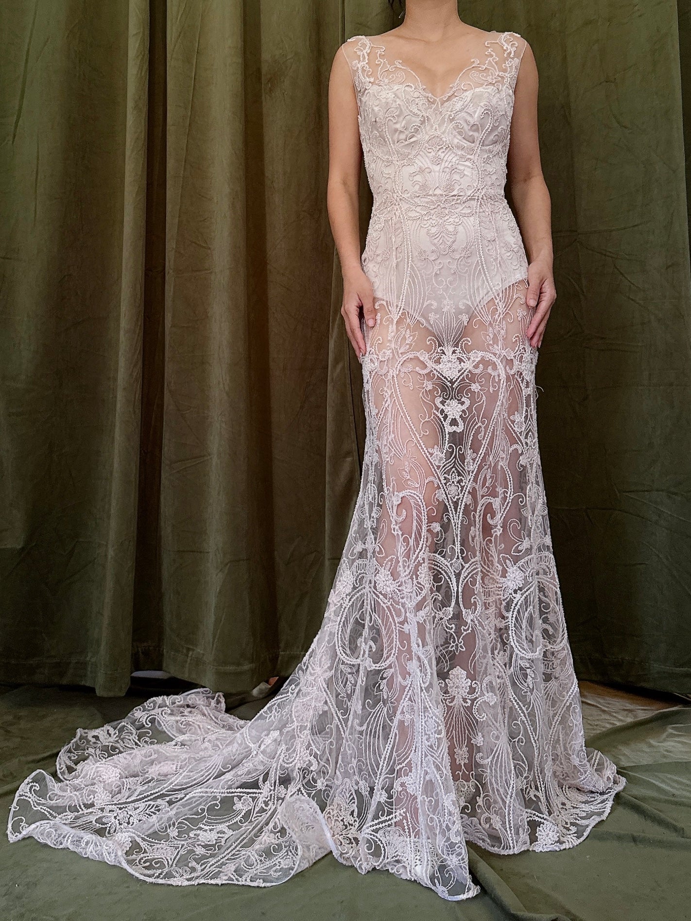 00 Light Pink Sheer Beaded Gown - M