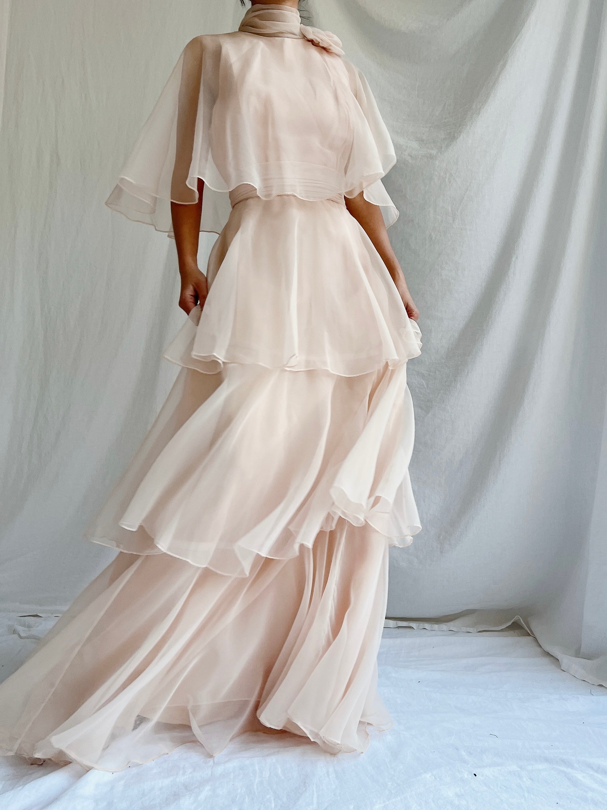 Vintage Almond Tiered Chiffon Dress - S/4