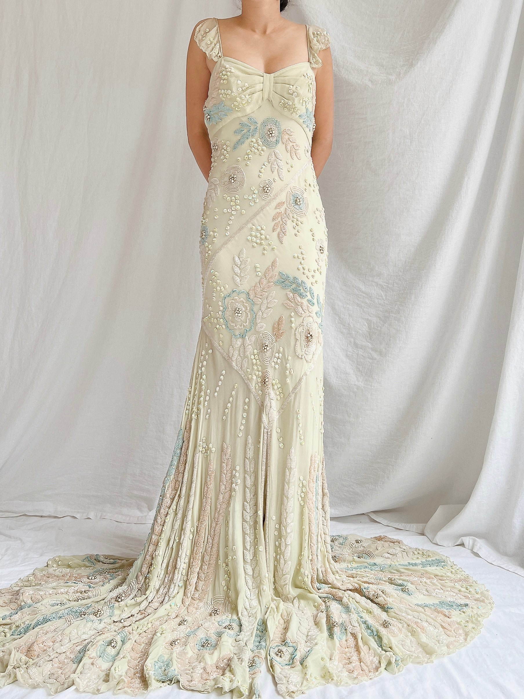 Vintage Couture Eavis and Brown Silk Handbeaded Gown - M/L