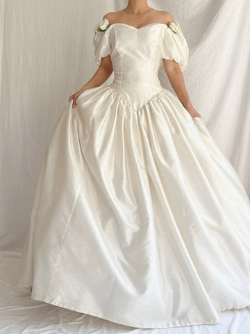 1980s Taffeta Puff Sleeves Dress - S/M