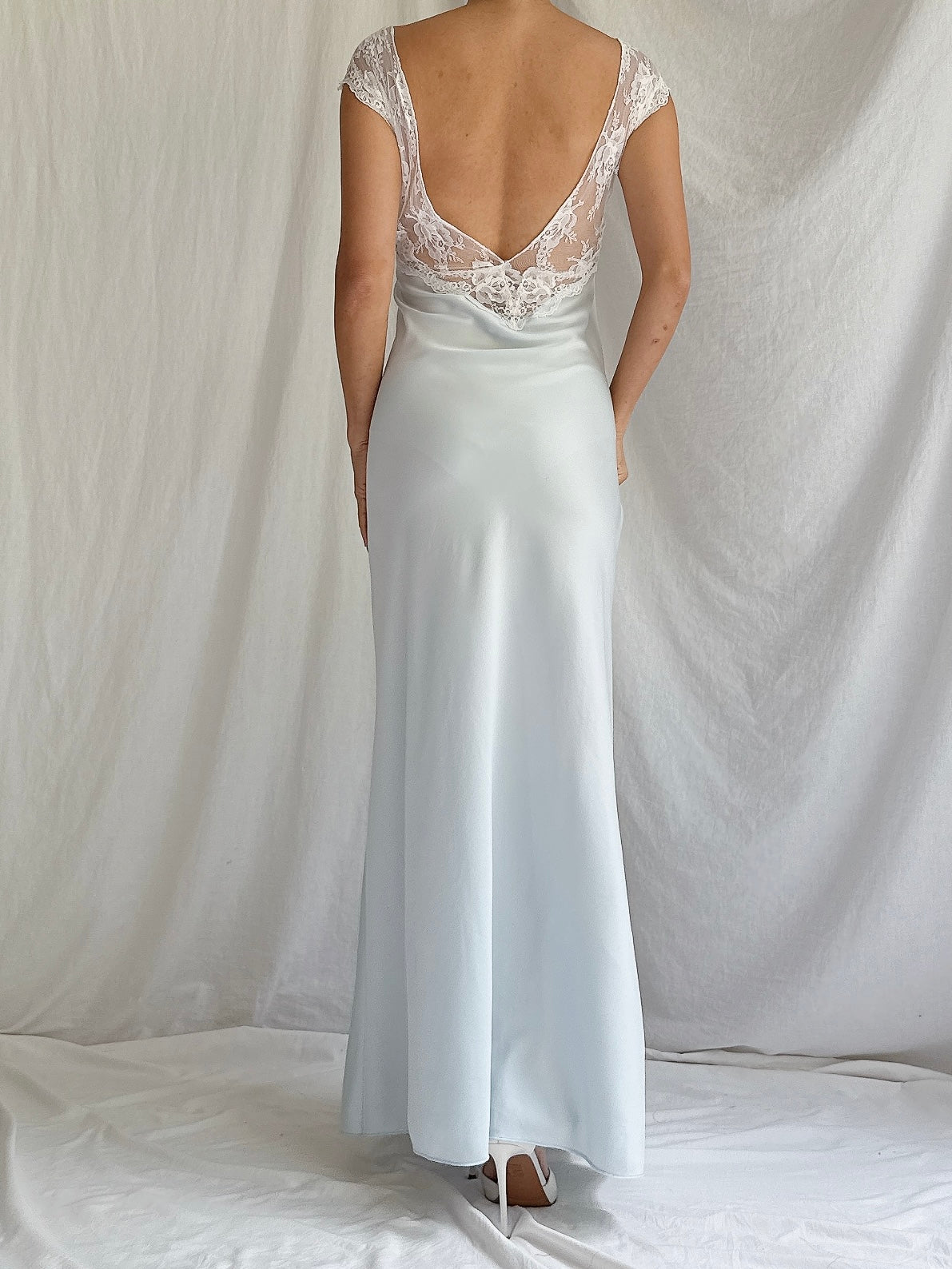 1980s Light Blue Nylon Lace Dress - M