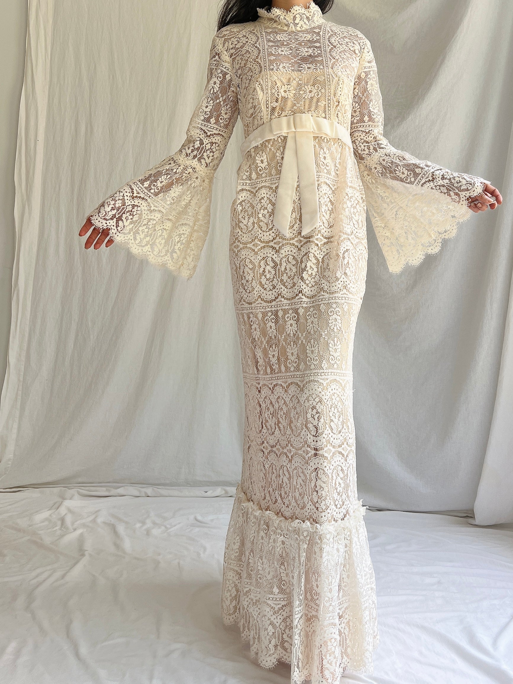 1970s Bell Sleeves Crochet Dress - XS