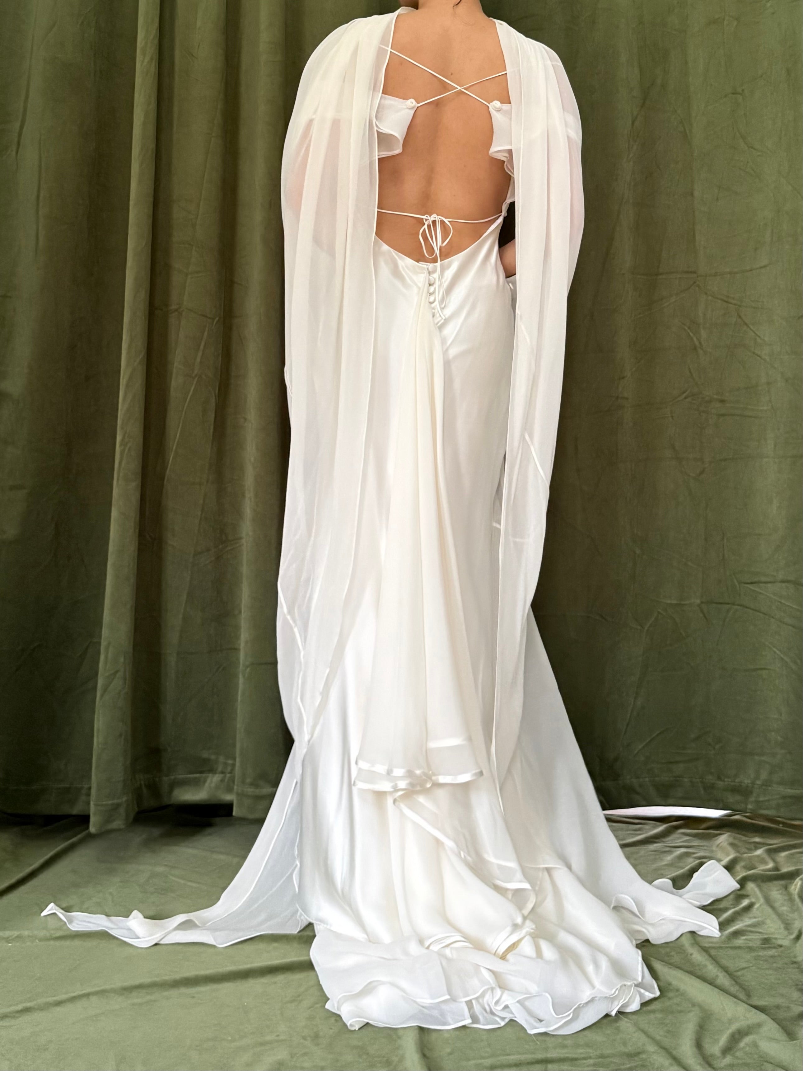 1990s Silk Chiffon Charmeuse Gown w/Scarf - M