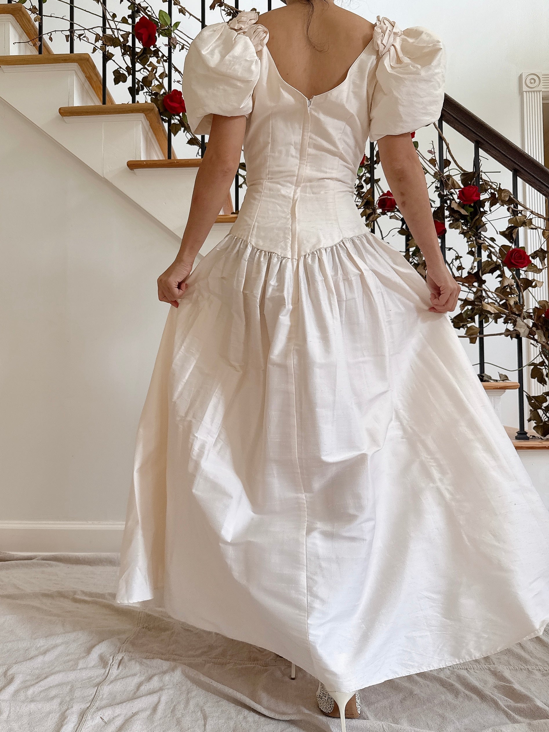 Vintage Puff Sleeve Raw Silk Dress - 34B/28W/53L