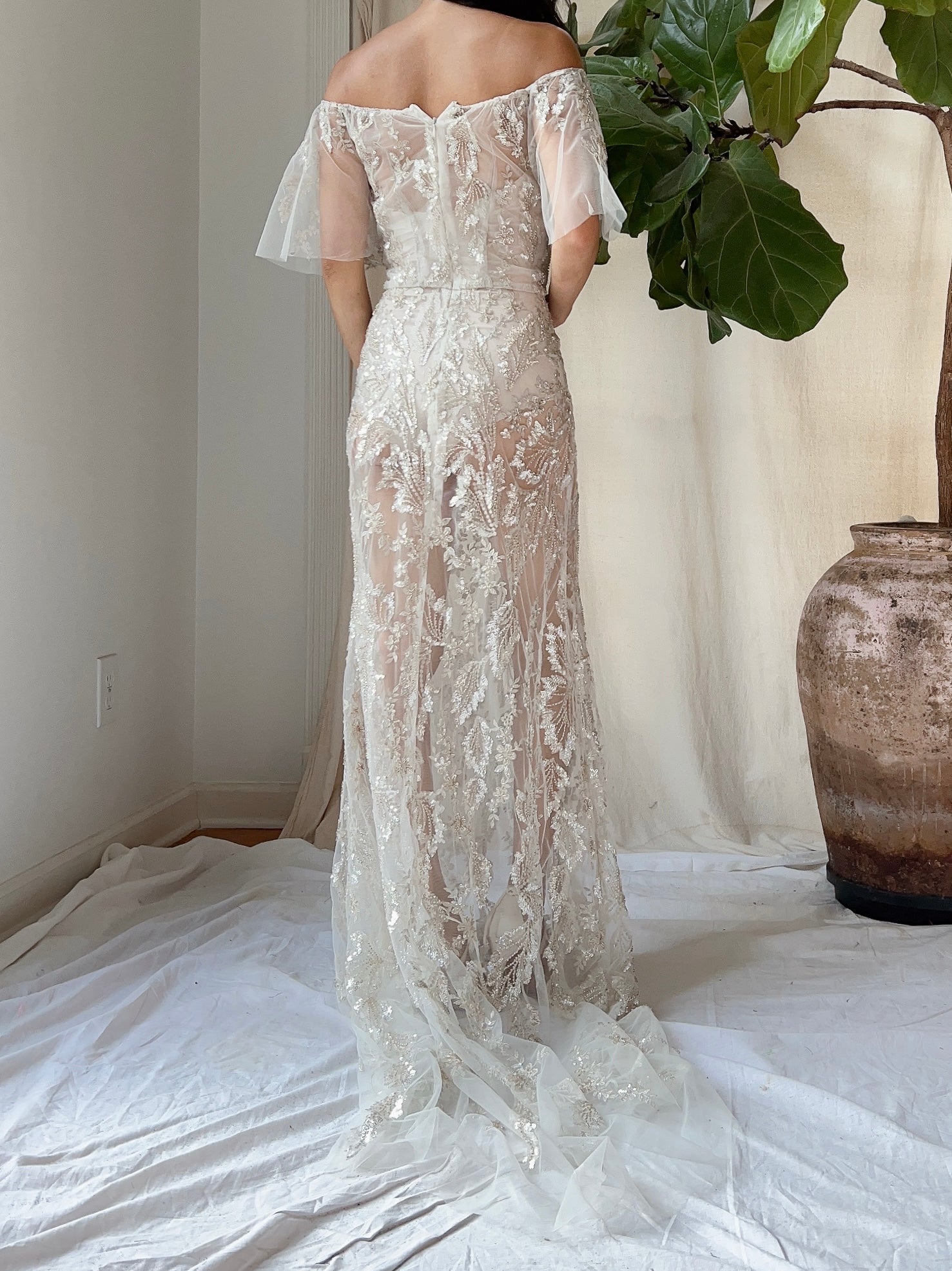 Sheer Off-the-Shoulder Beaded Gown - S