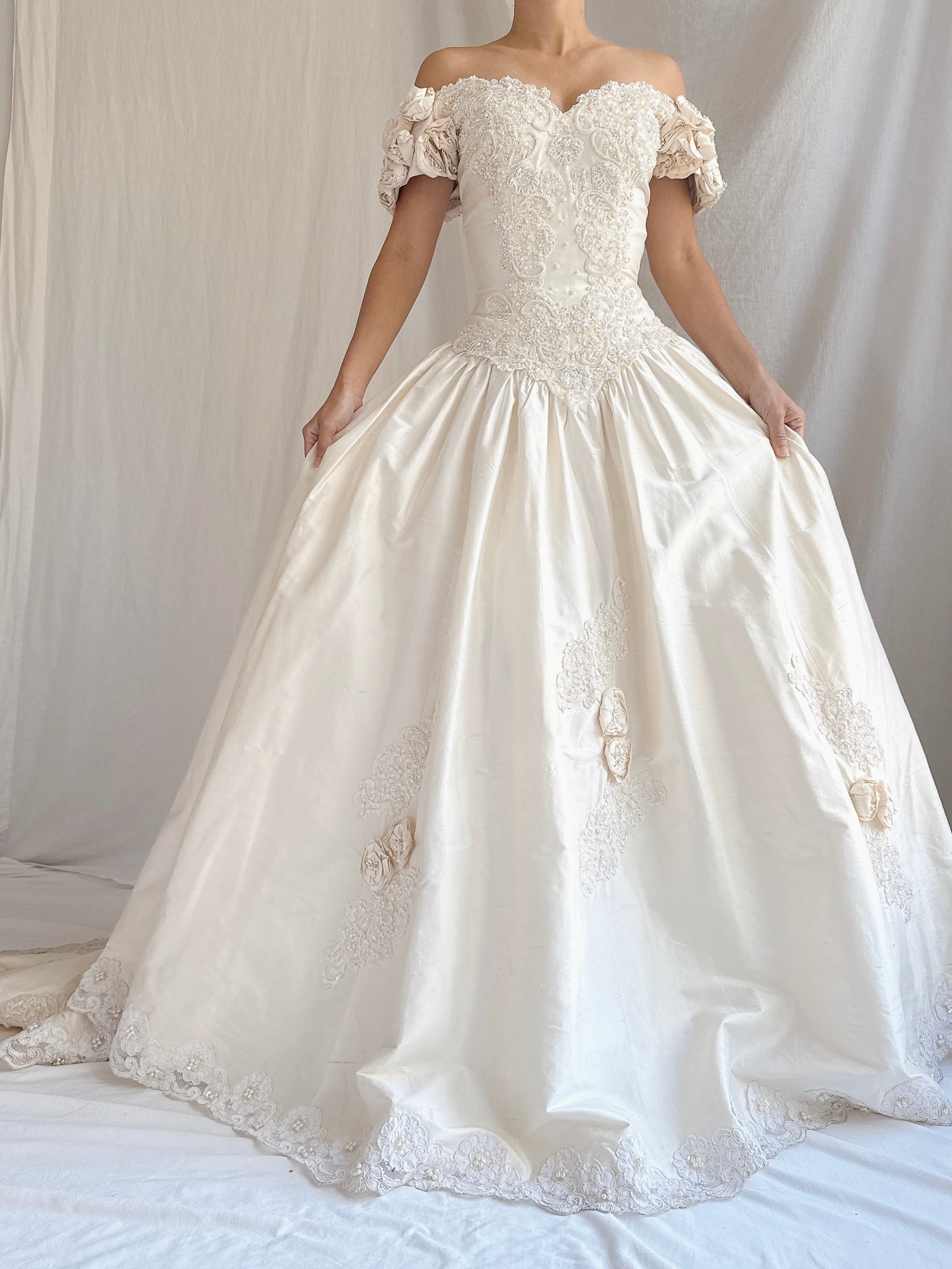 Vintage Silk Rosette Off-the-Shoulder Gown - M