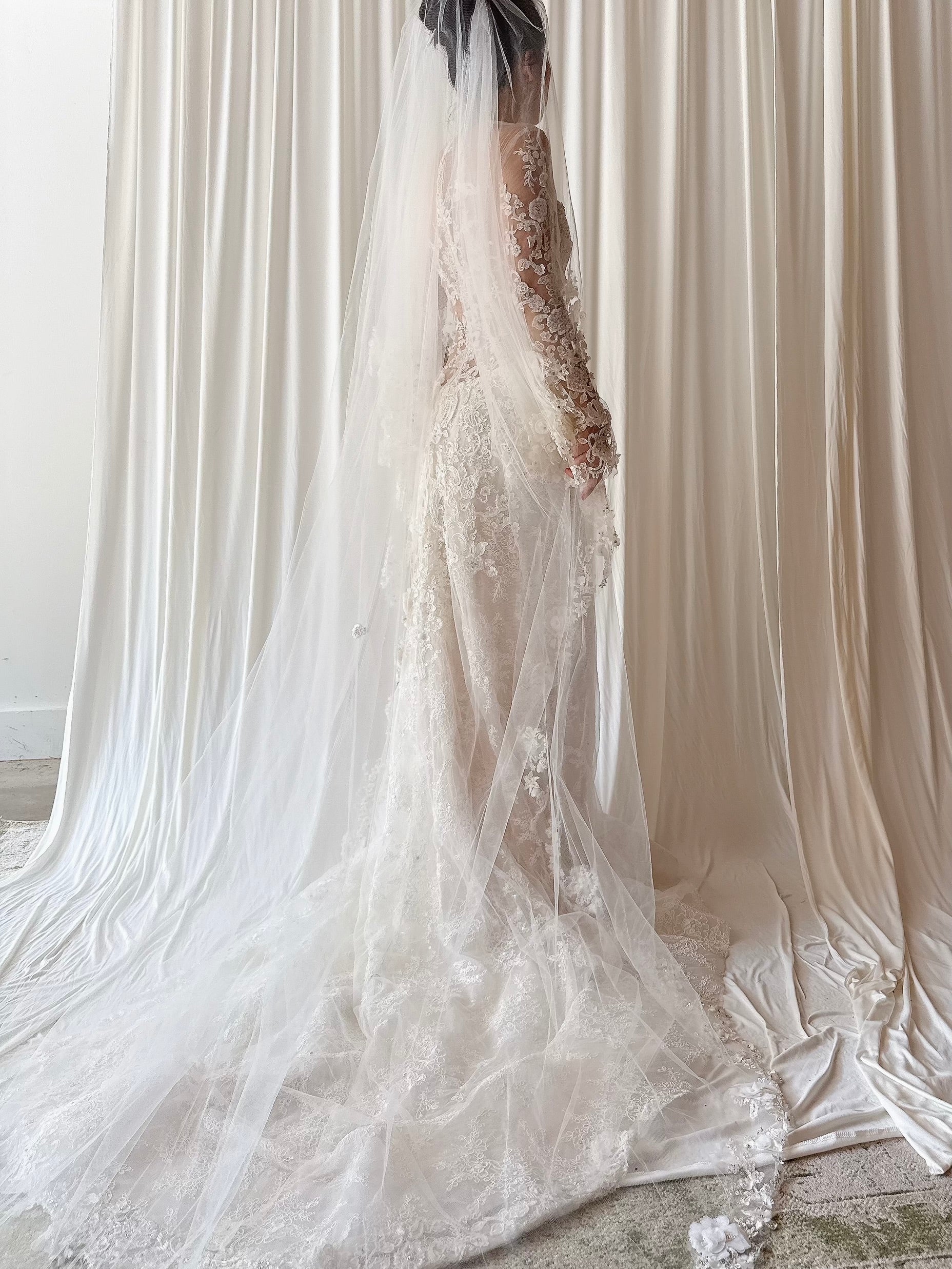 00 Reem Acra Lace Tulle Gown with Veil - XS