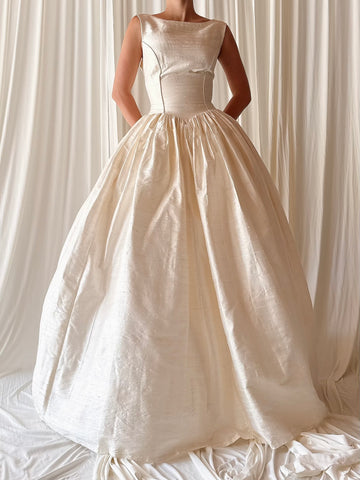 Vintage Ivory Raw Silk Boat Neck Gown - S