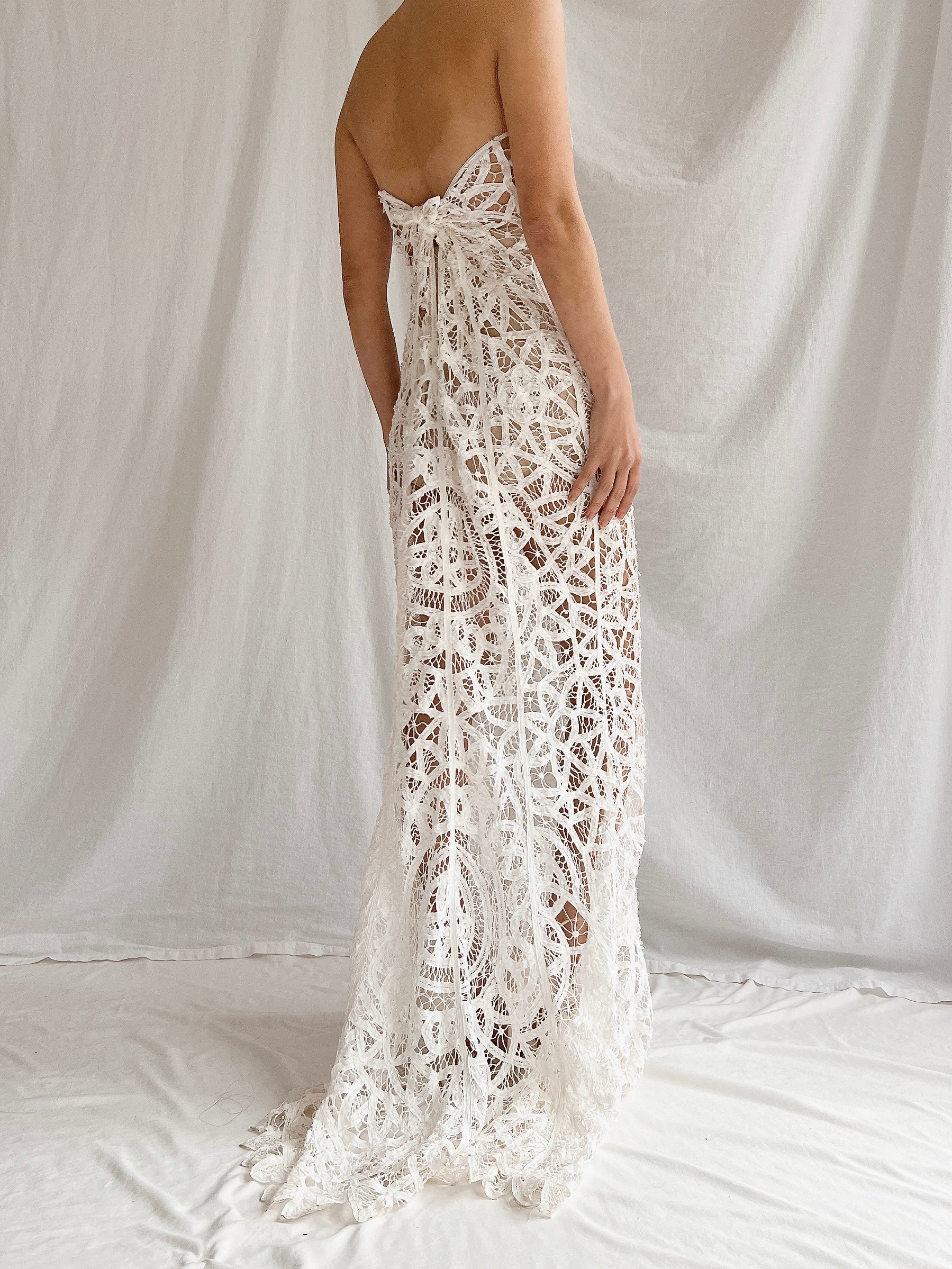 Vintage Sheer Tape Lace Strapless Gown - S