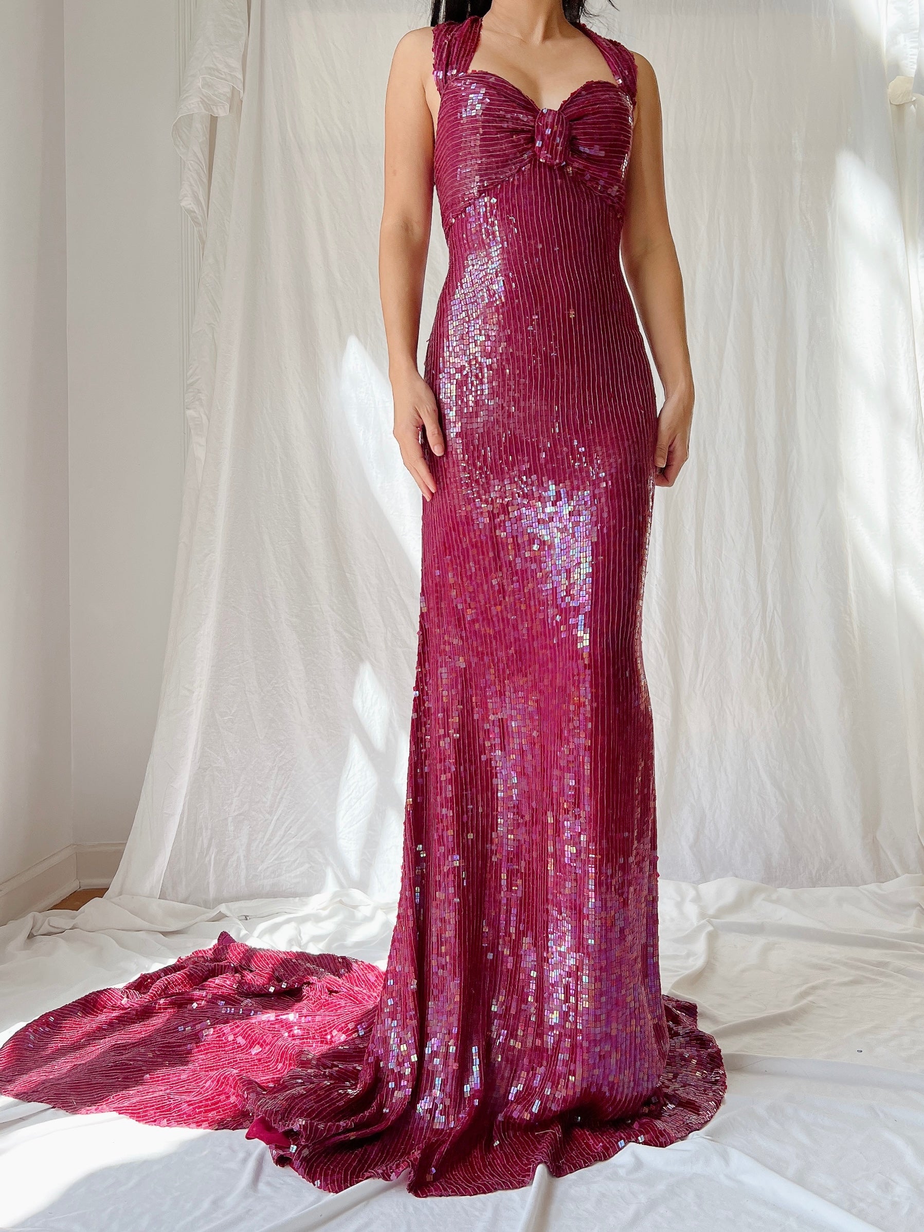 Vintage Ruby Silk Sequins Gown - L/US 12