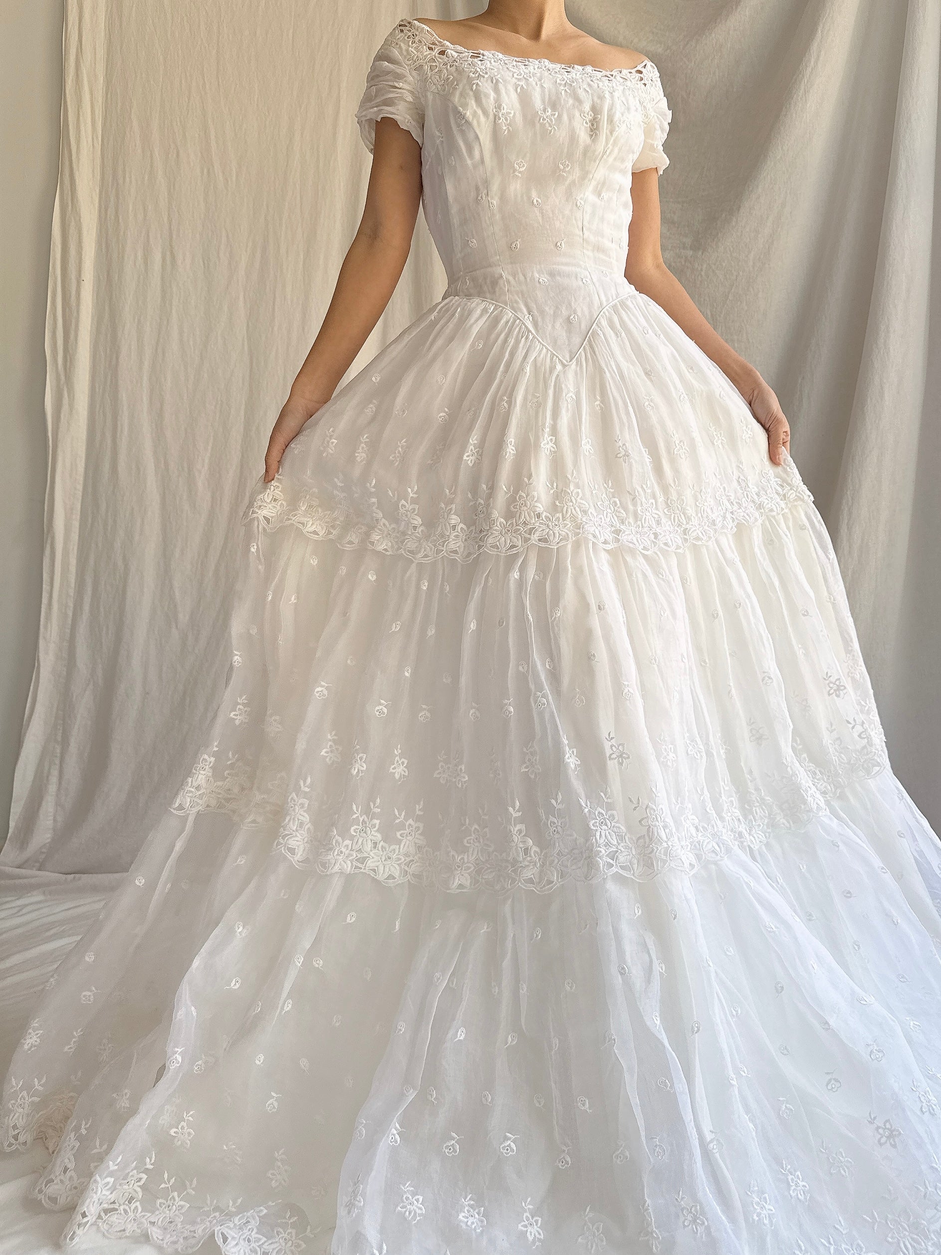RESERVED for Colette 1950s Organdy Embroidered Gown - XS