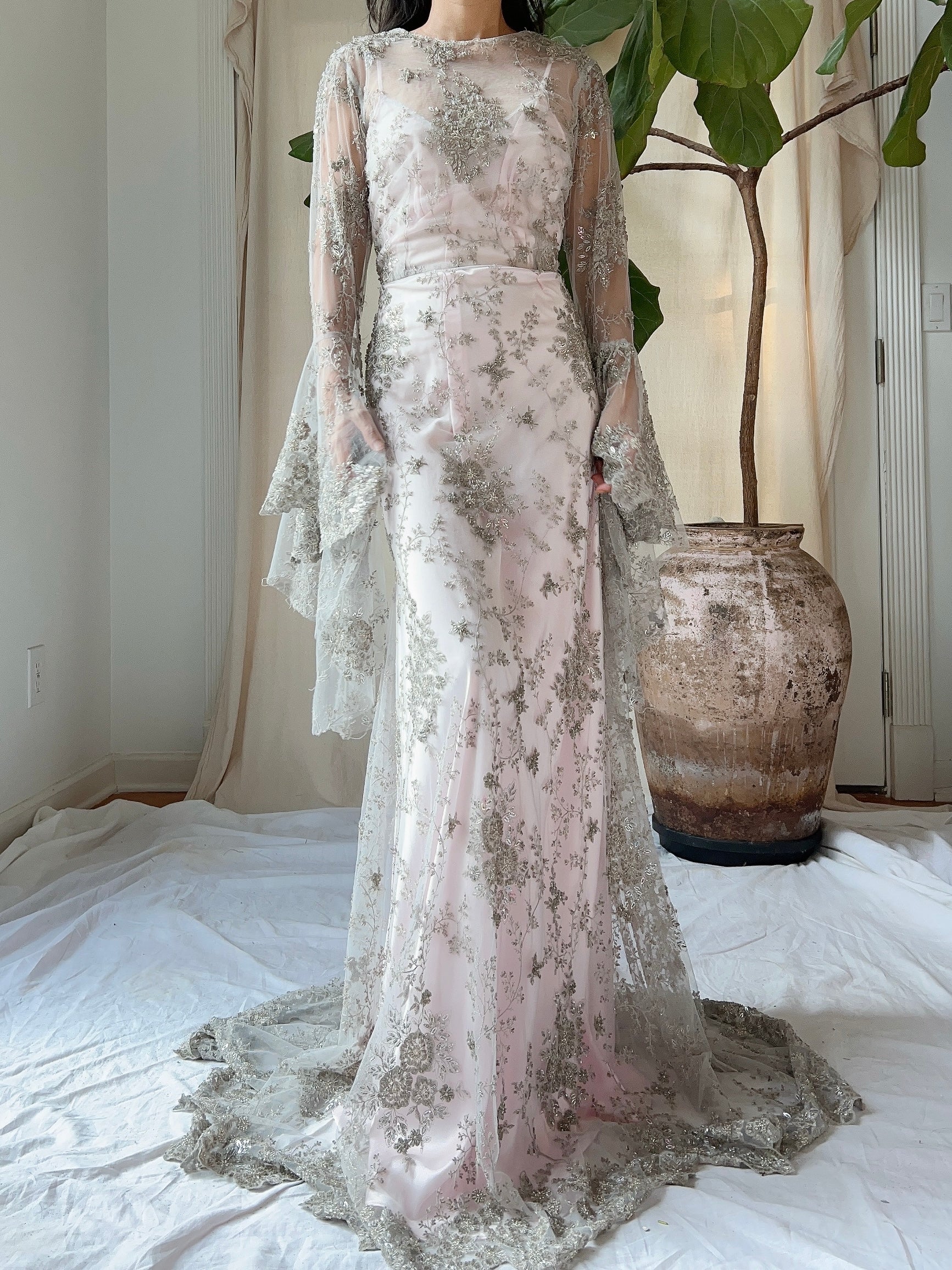 Angel Sleeves Gray Beaded Gown - S/M