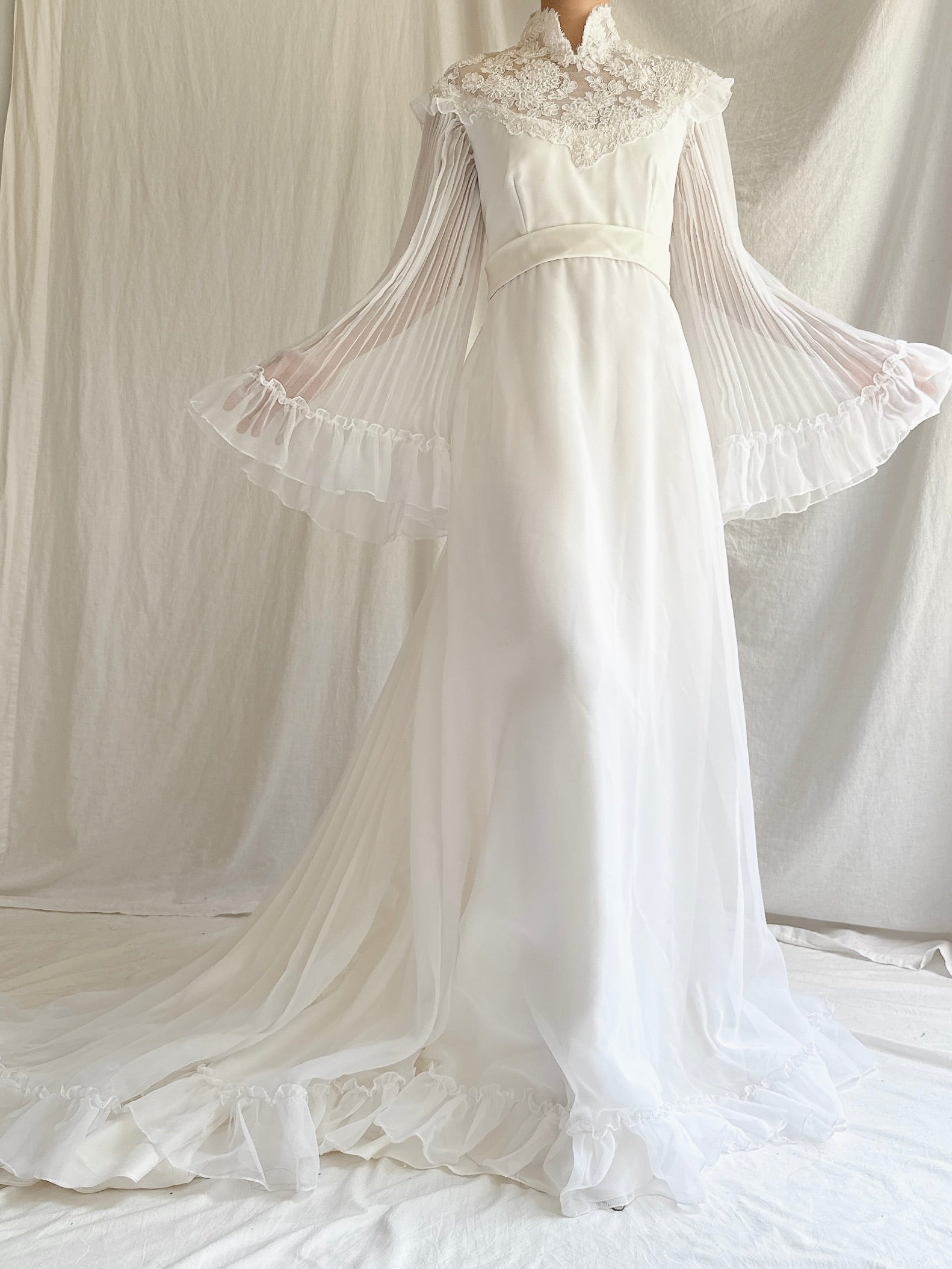 1970s Pleated Sleeves Chiffon Dress - S