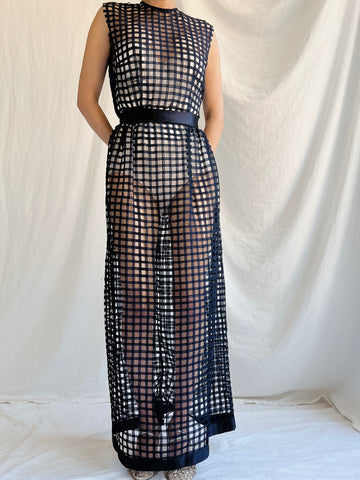 1960s Navy Blue Silk Woven Dress - S/M
