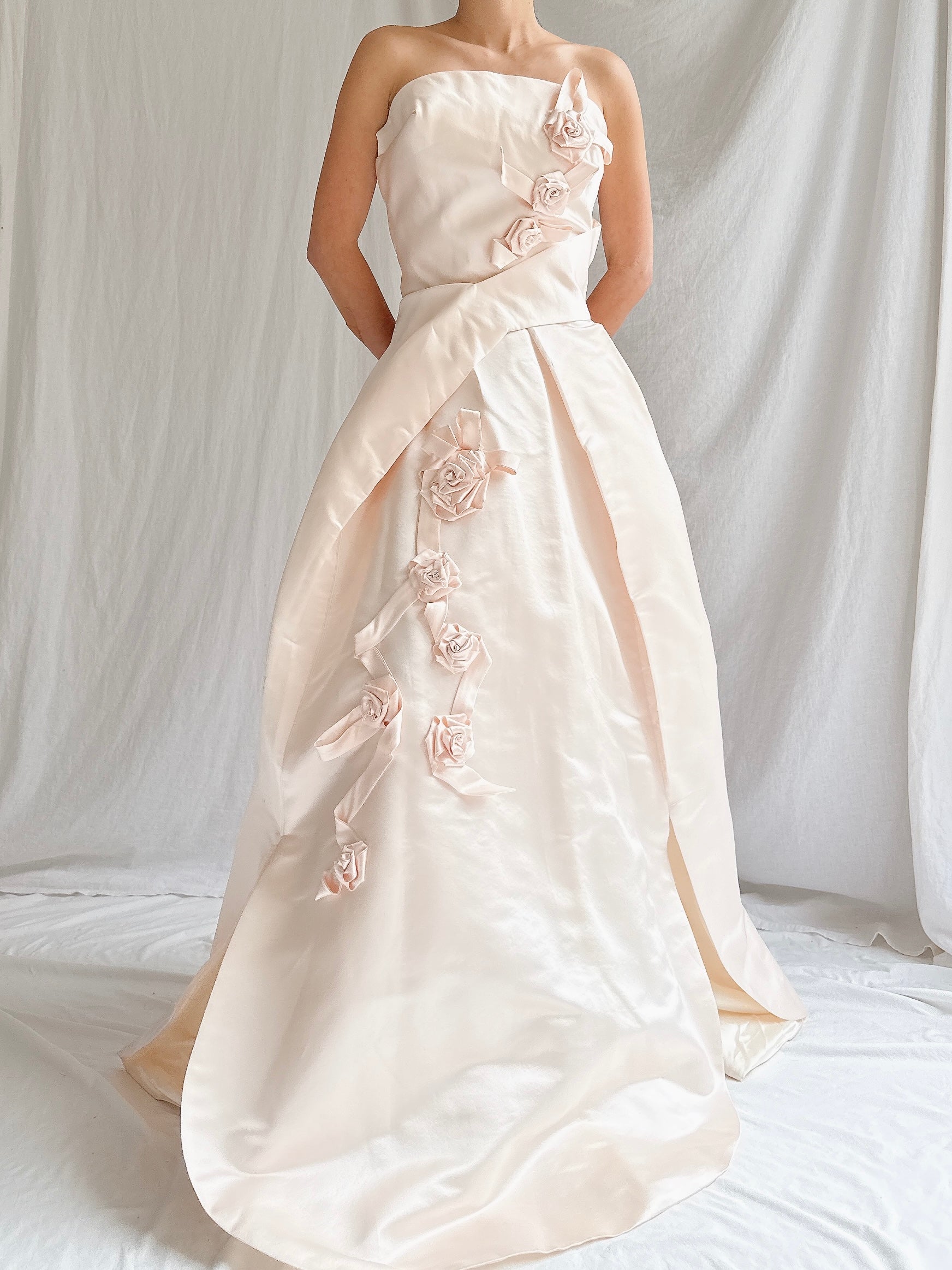 Vintage Shell Pink Silk Duchesse Satin Strapless Gown - S/4/6