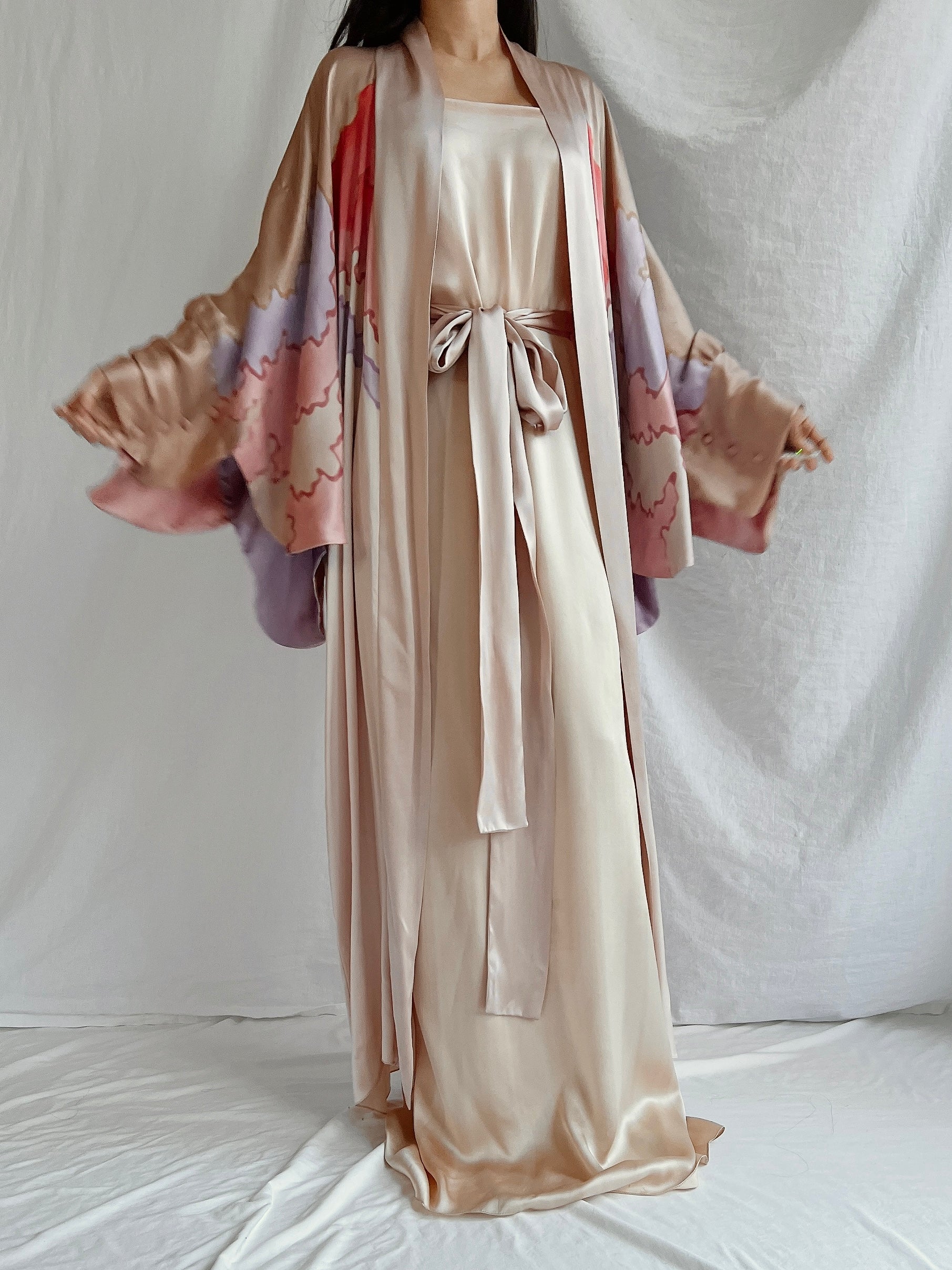 Vintage Silk Painted 2 Piece Gown Set - M/L