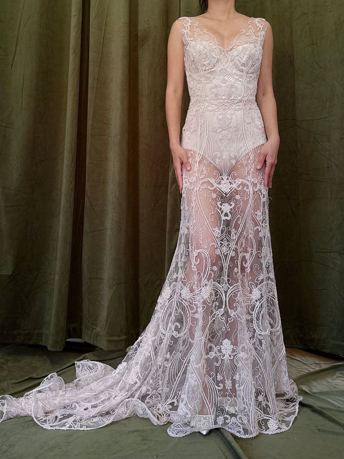 00 Light Pink Sheer Beaded Gown - M