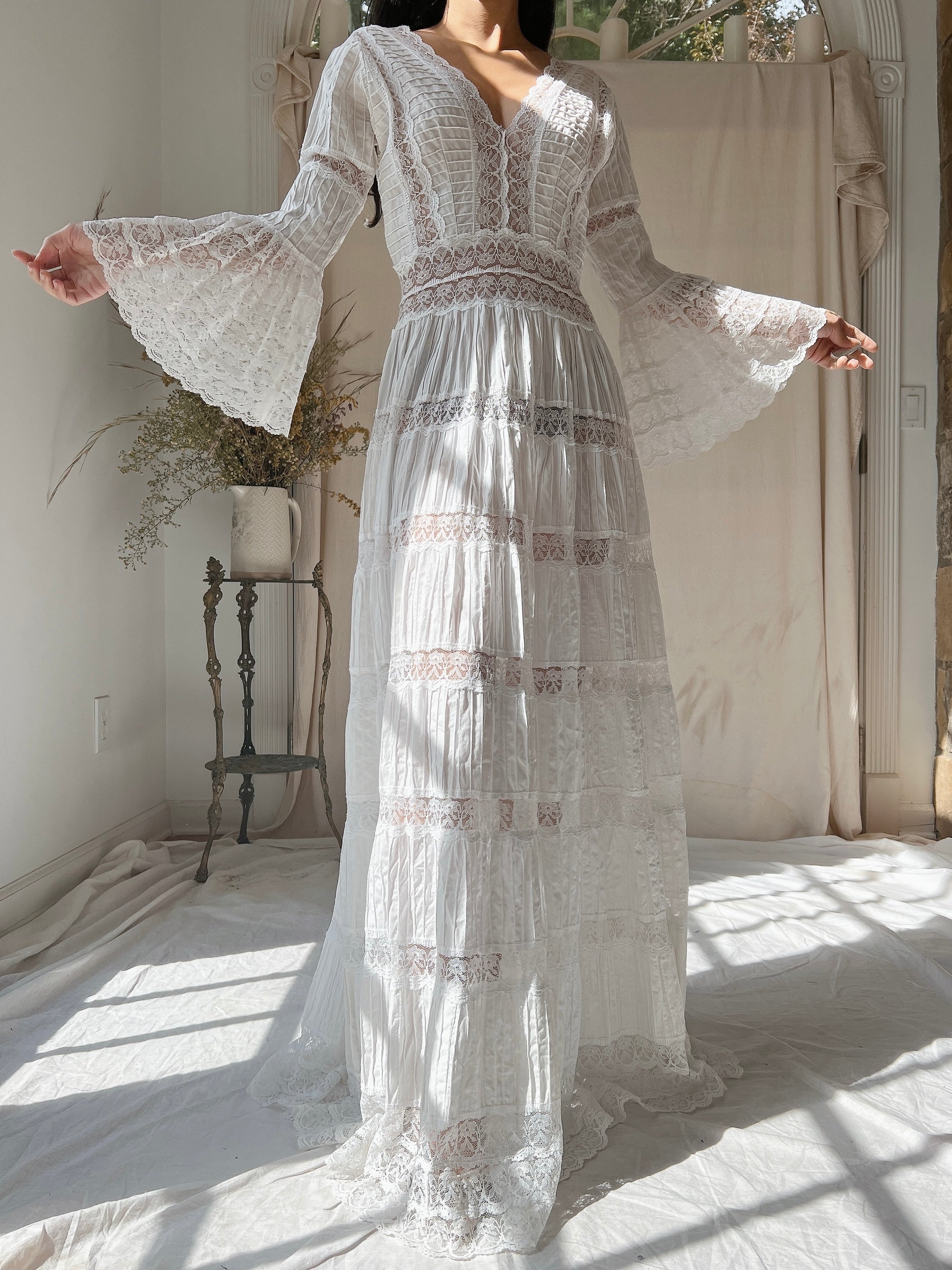 1970s Bell Sleeves Cotton Gown - XS