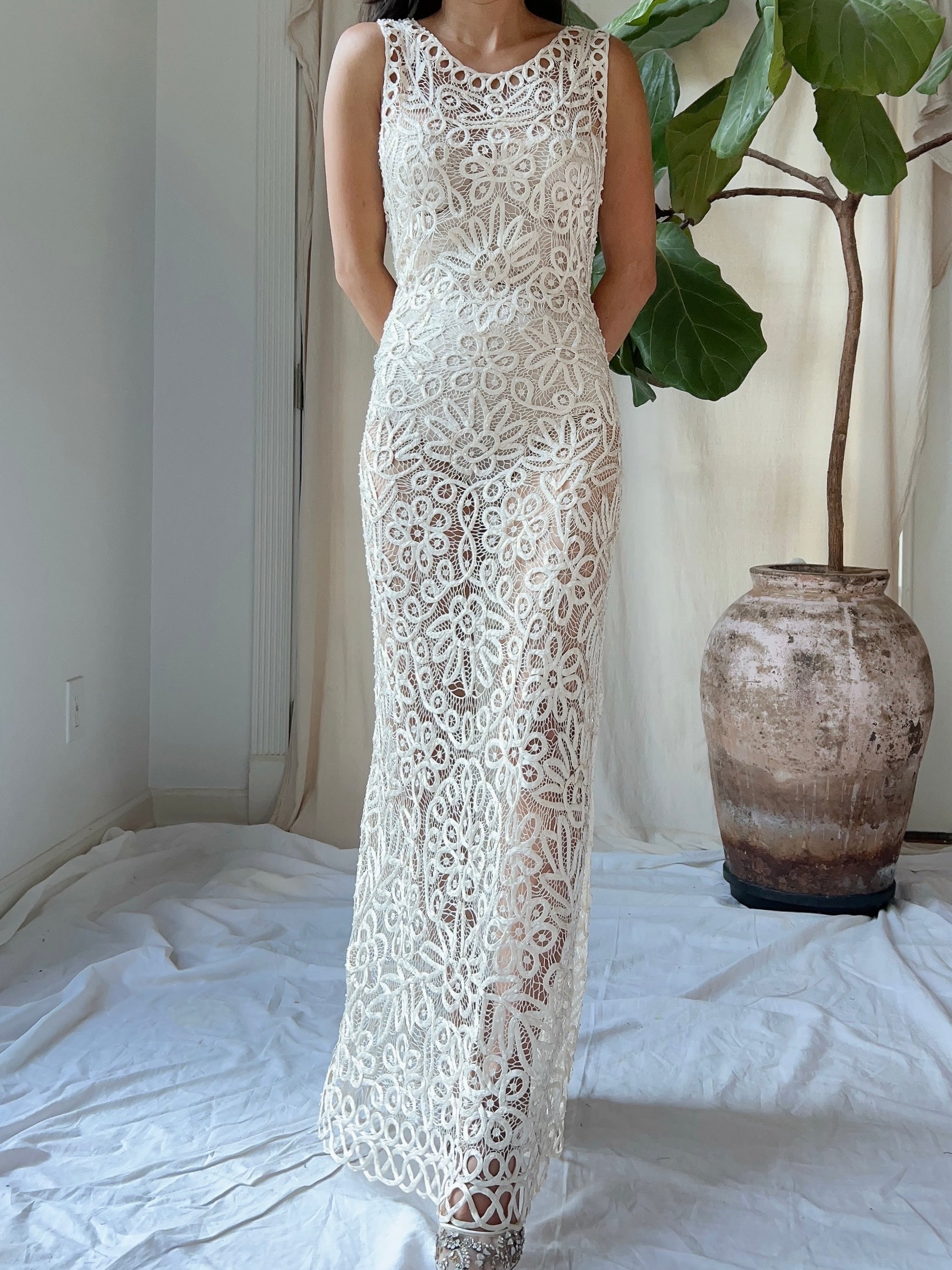 Vintage Ivory Silk Hand Beaded Dress - S/M