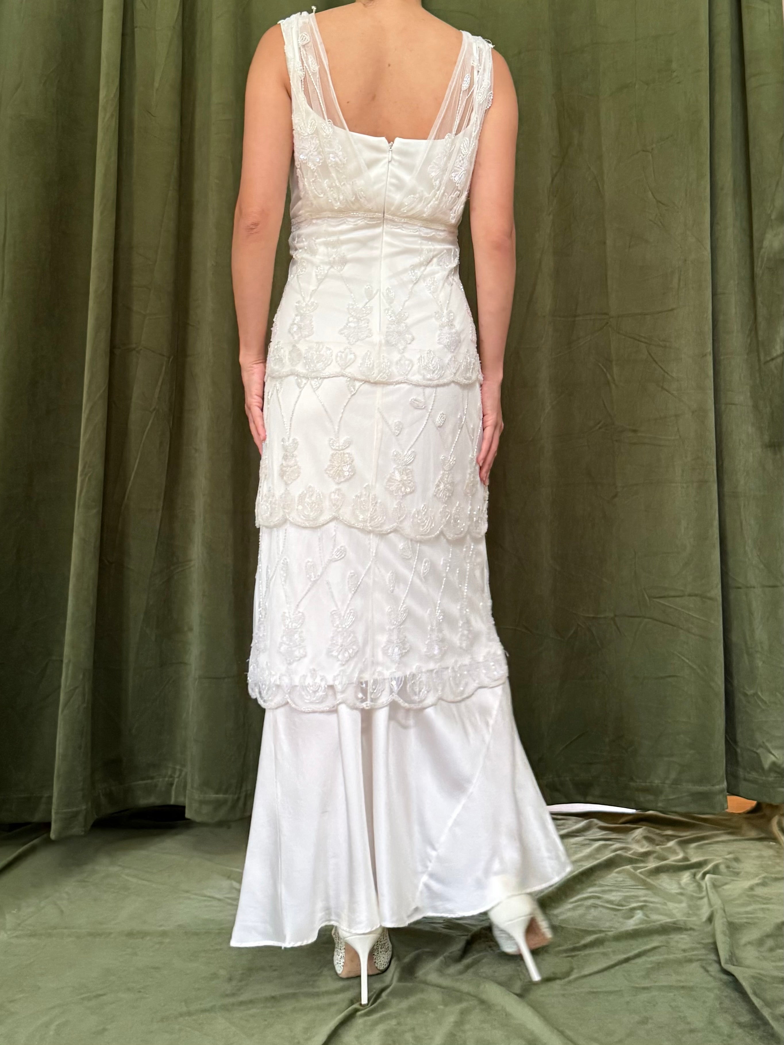 Vintage Ivory Beaded Tiered Dress - M/L/10