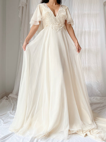 Vintage Flutter Sleeve Chiffon Dress - S/M