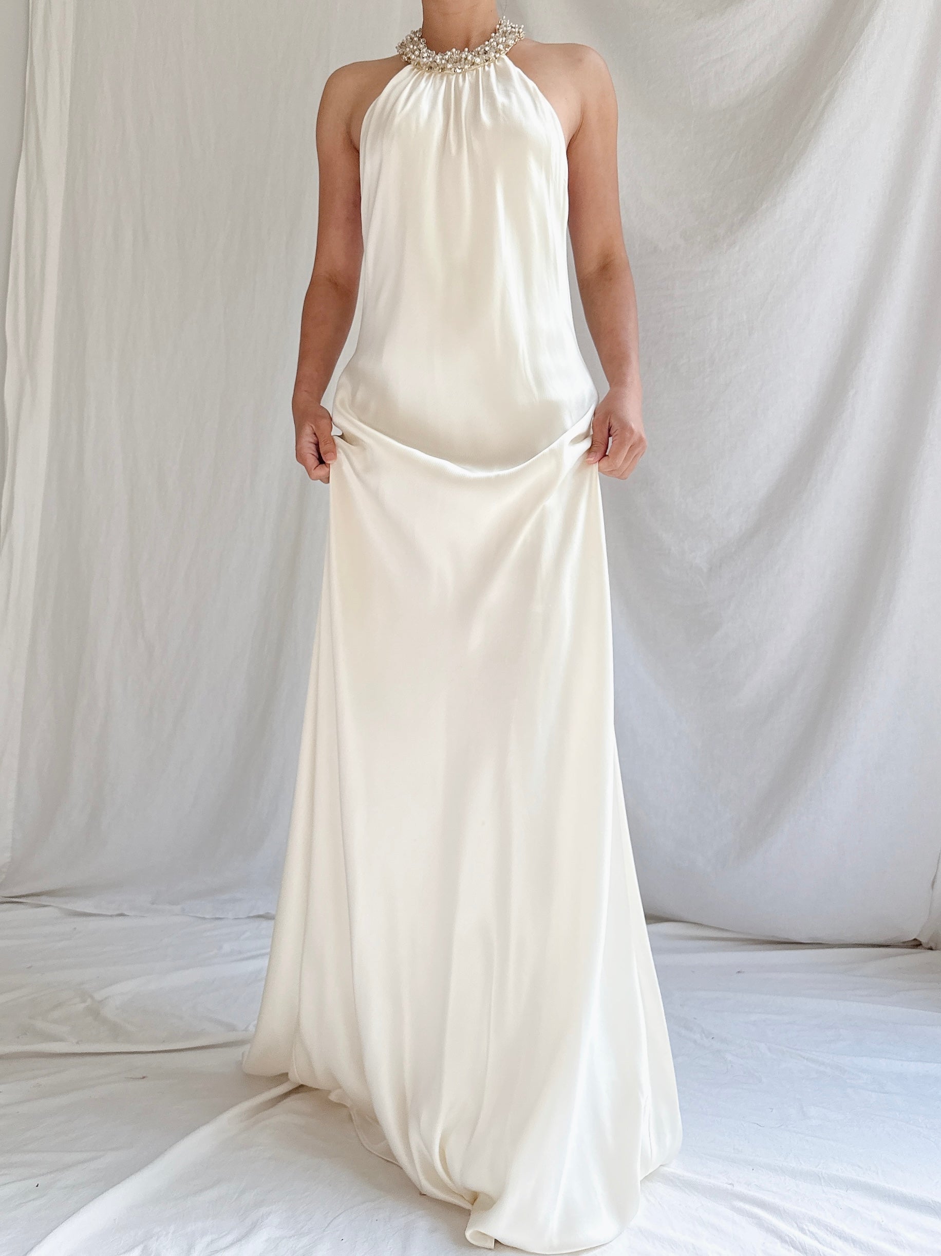 Vintage Satin Beaded Collar Gown - M