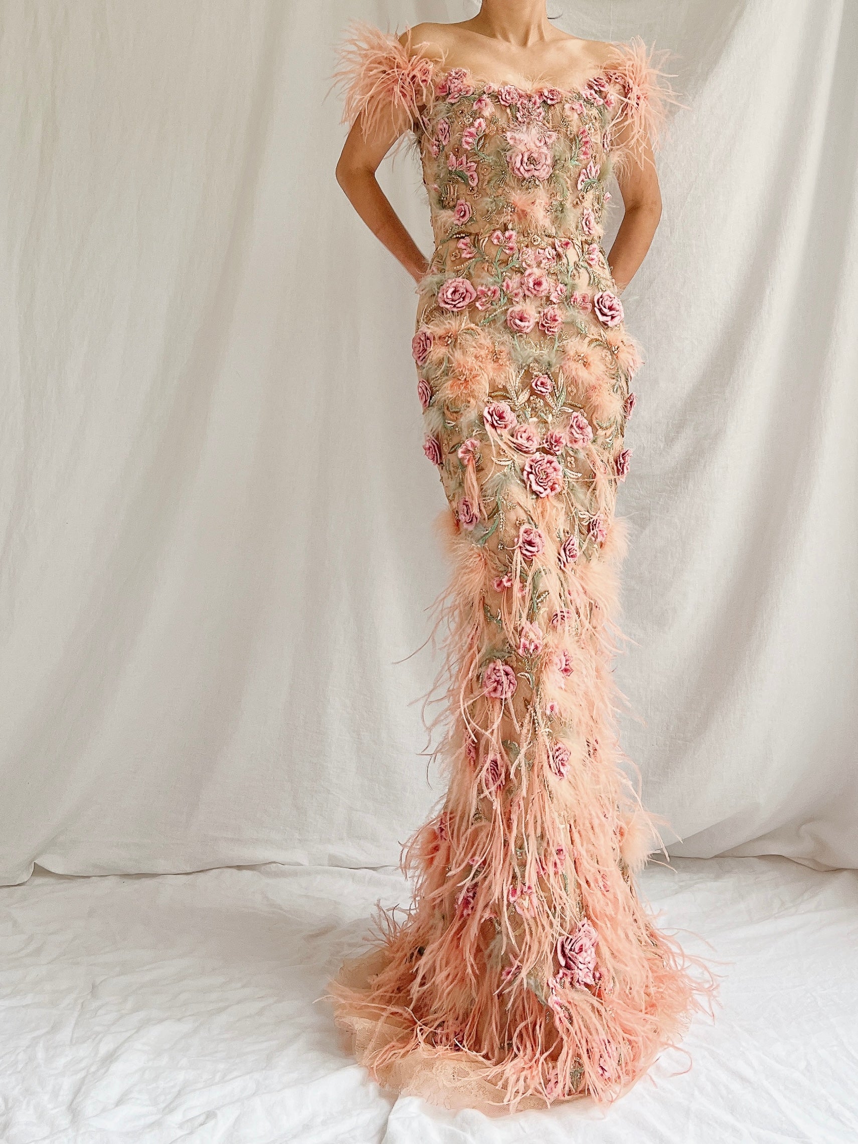 Marchesa Peach Feather 3D Embellished Gown - XS