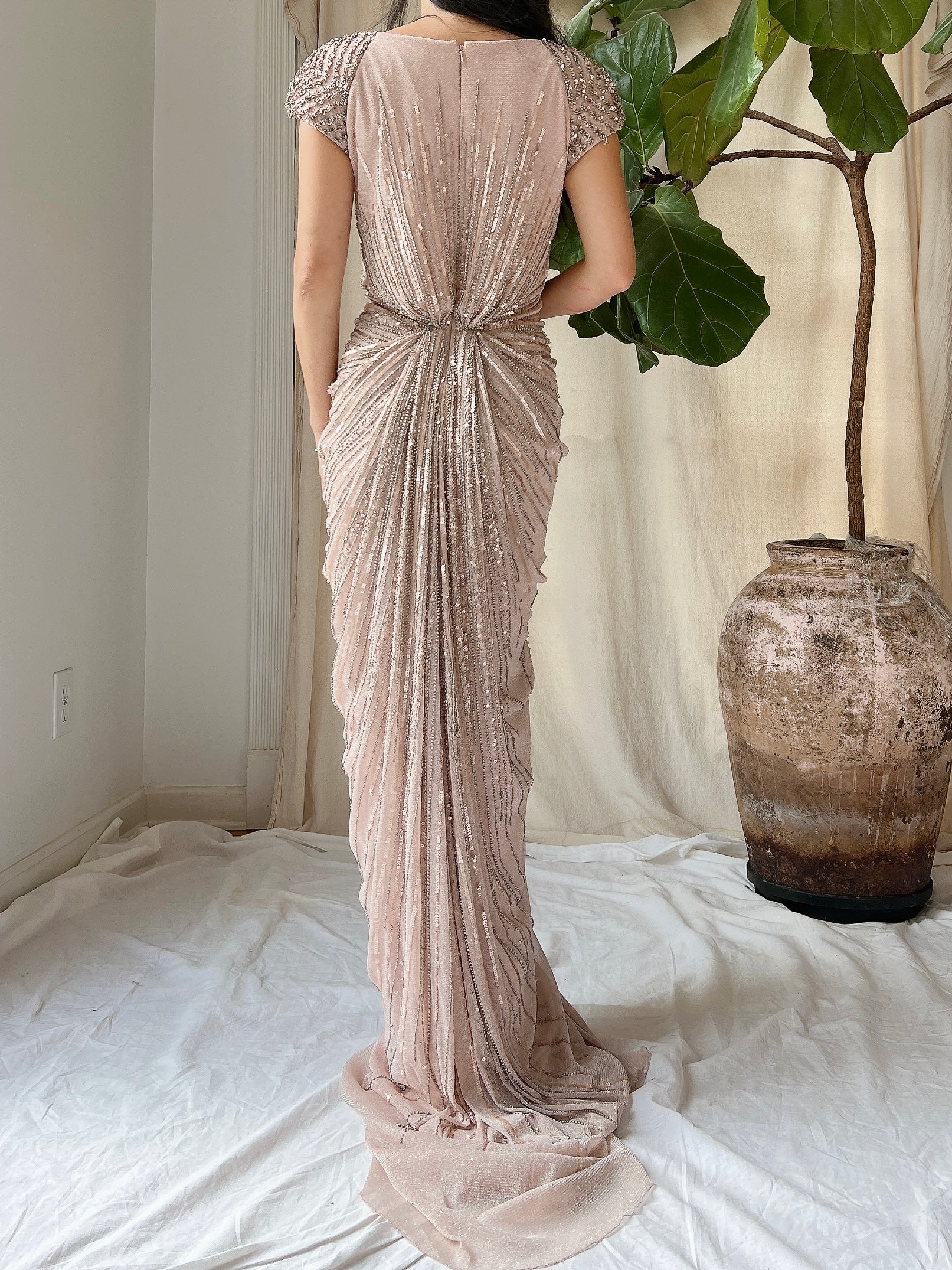 Duster Rose Alberto Makali Beaded Draped Dress - M/8-10